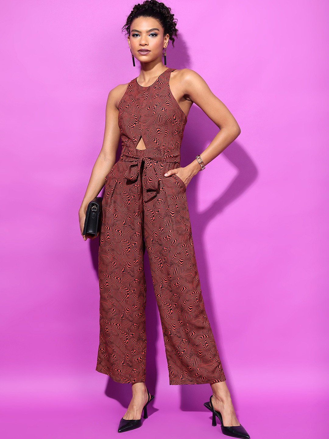 

Tokyo Talkies Women's Printed Basic Sleeveless Jumpsuit, Brown