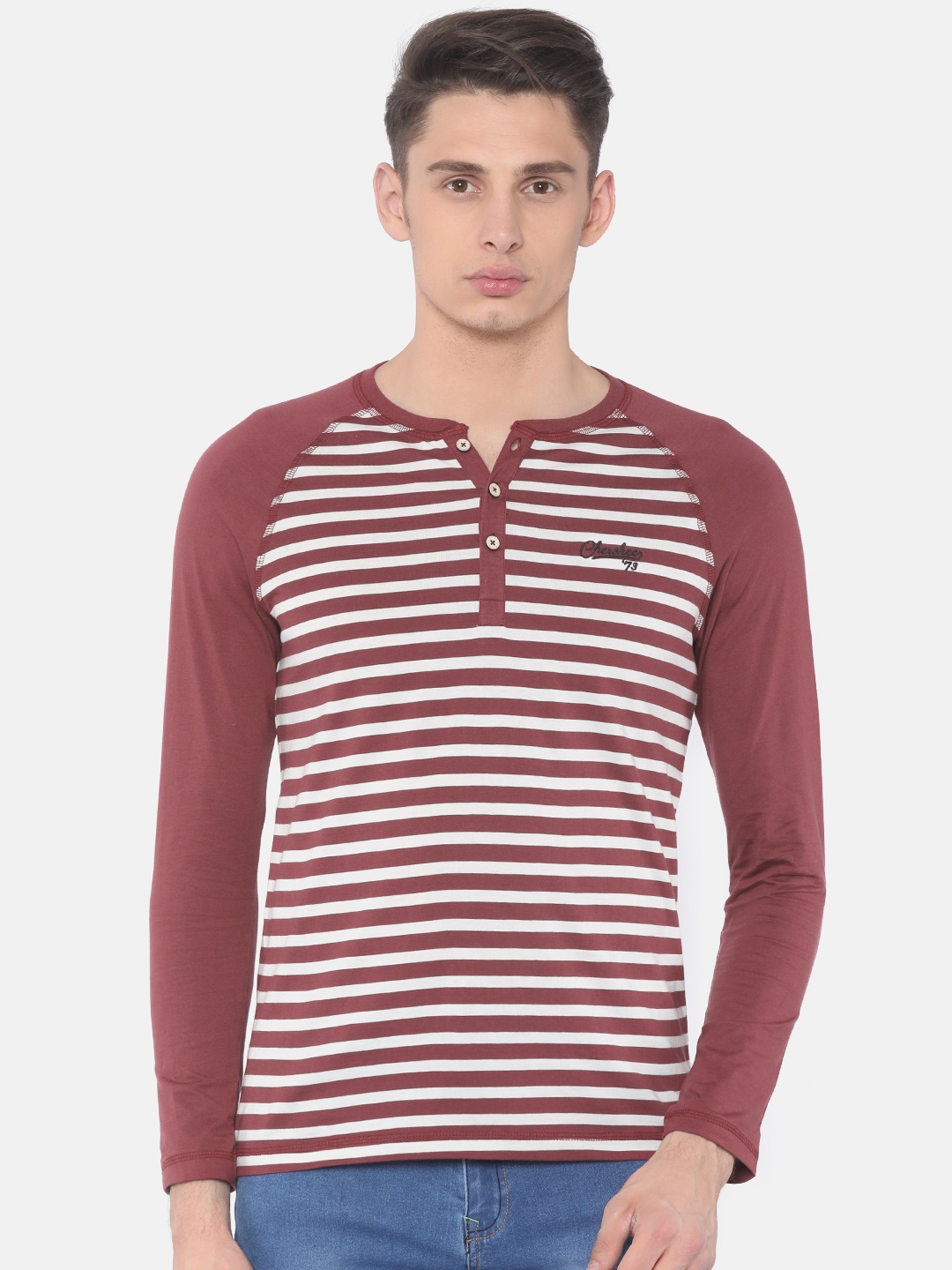 

Cherokee Men Maroon Striped Henley Neck T-shirt
