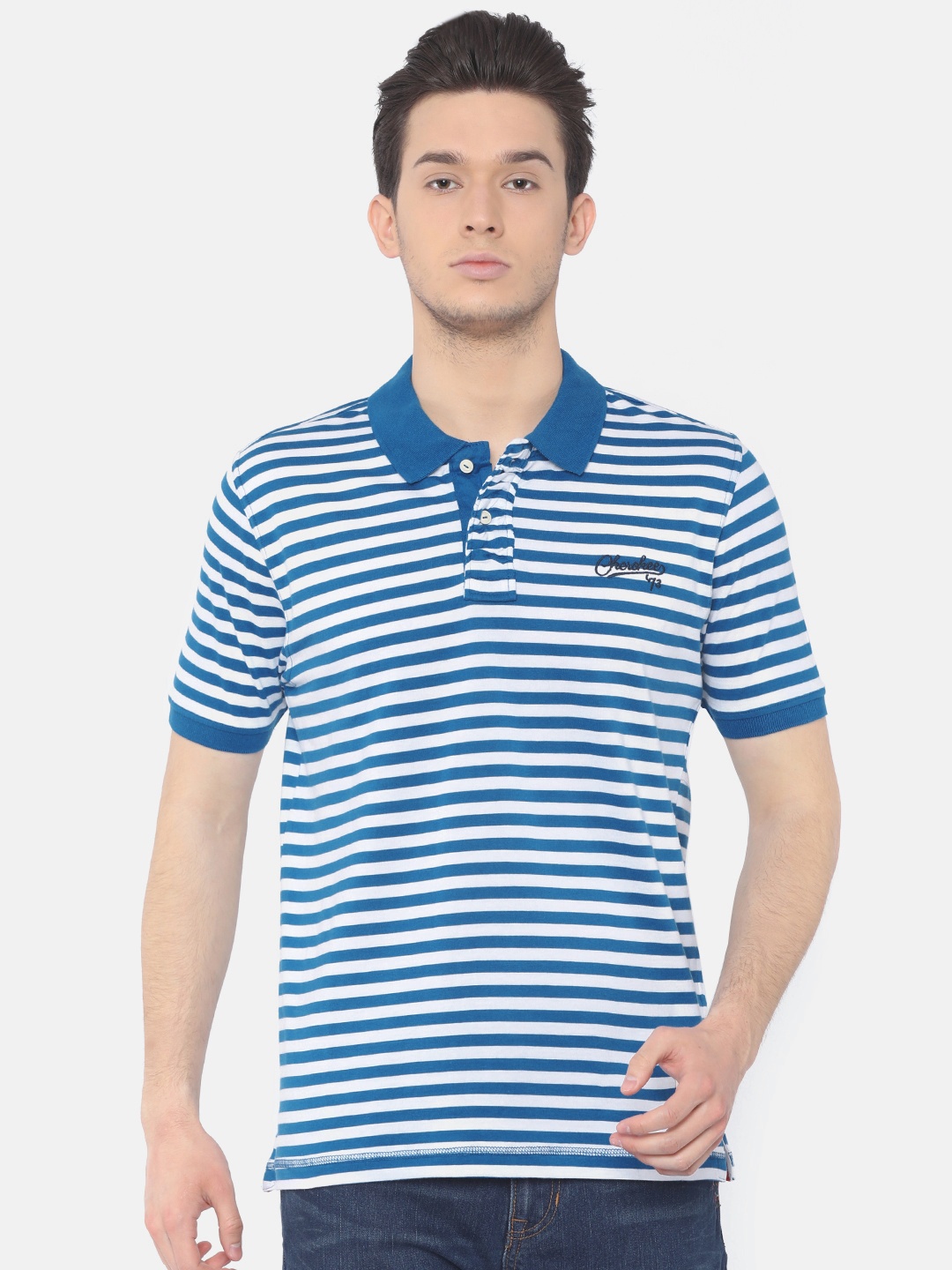 

Cherokee Men Blue & White Striped Polo Collar T-shirt