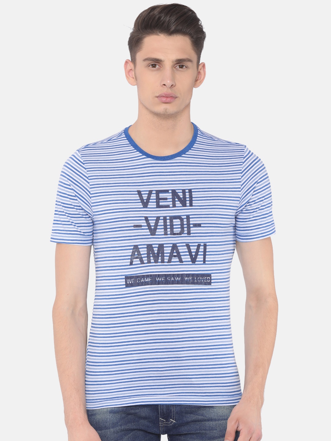 

Cherokee Men Blue & White Striped Round Neck T-shirt