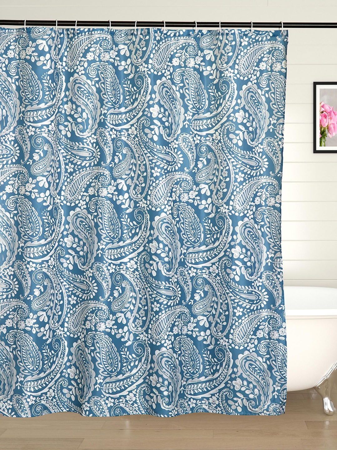 Home Centre Mekong Kalmyk Blue & White Paisley Printed Shower Curtain