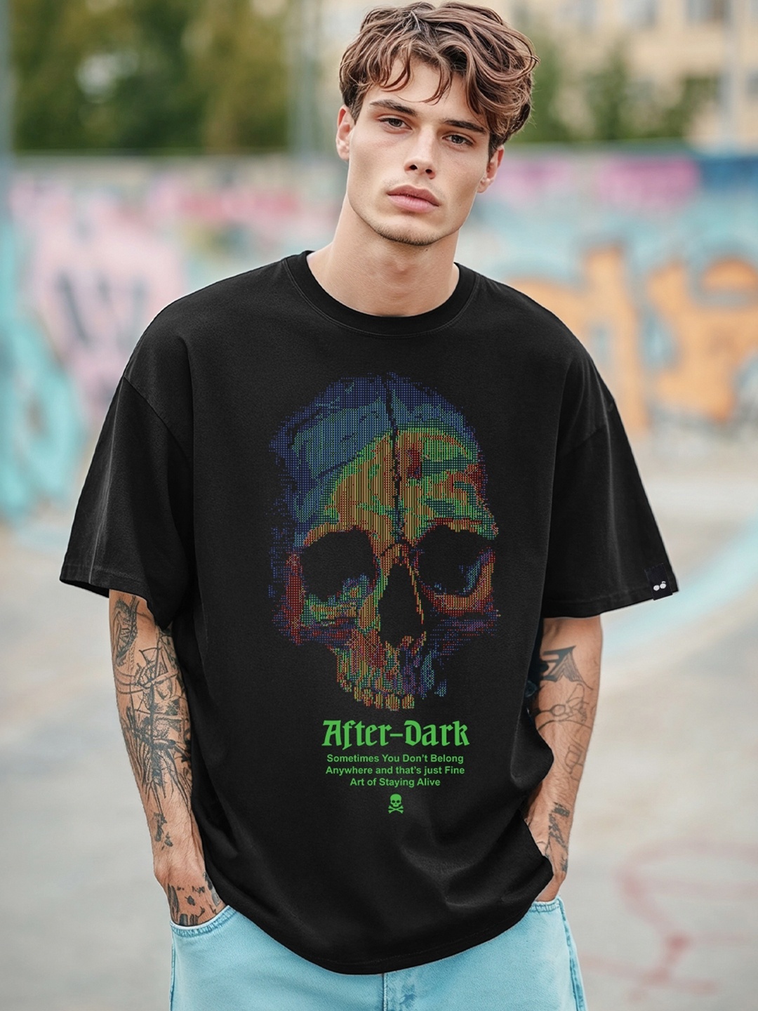 

Bewakoof Men Dark Graphic Printed Oversized T-shirt, Black
