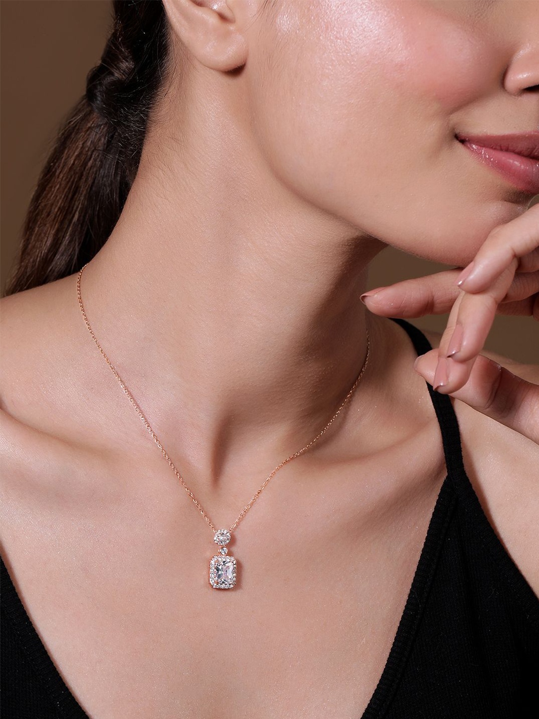 

Rubans 18K Rose Gold Plated AD & White CubicZirconia Studed Square Design Pendant Necklace