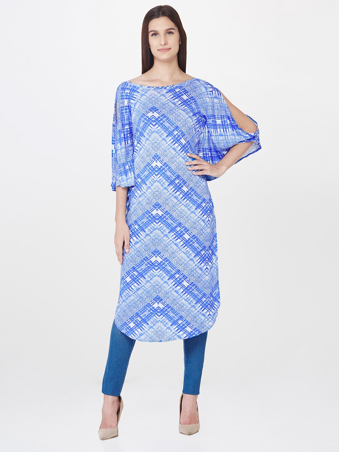 

AND Women Blue & White Printed Kurta