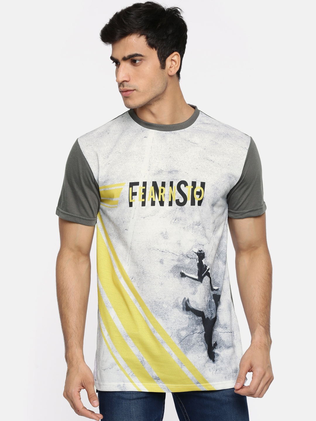 

Colt Men Grey & White Printed Round Neck T-shirt