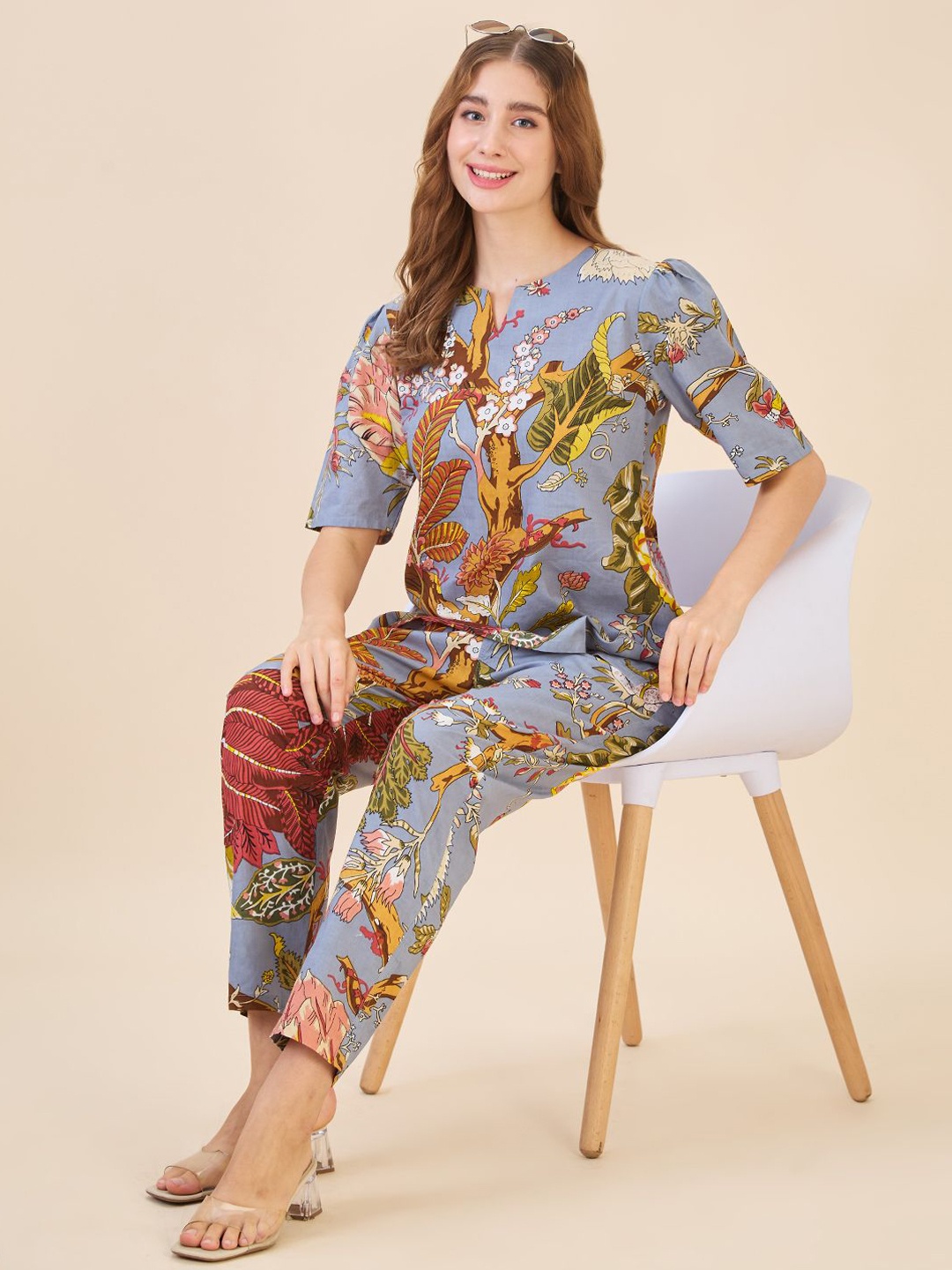 

AV2 Floral Printed Notch Neck Pure Cotton Tunic With Trousers, Grey