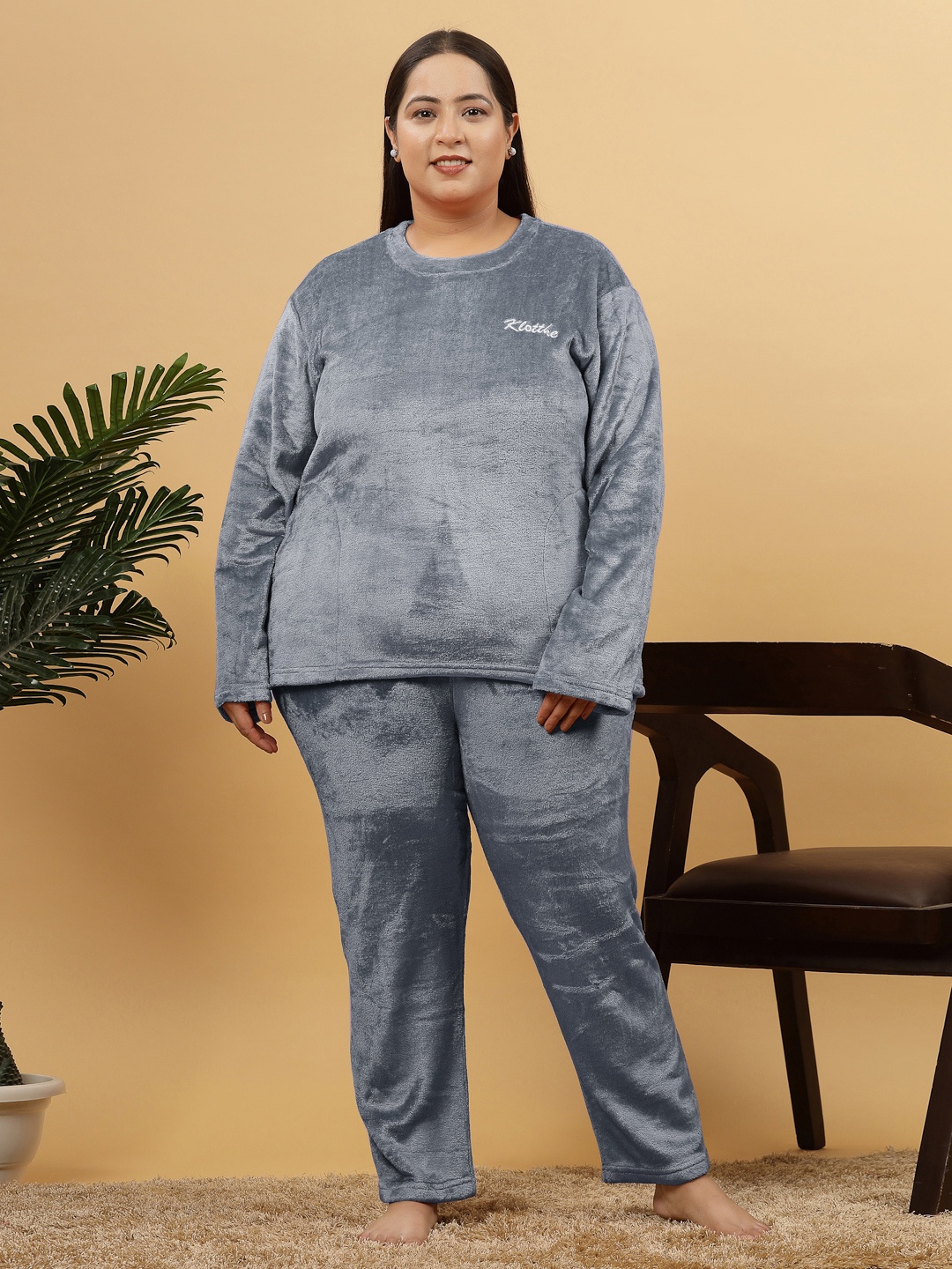 

KLOTTHE Women Plus Size Solid Woolen Night Suit, Grey