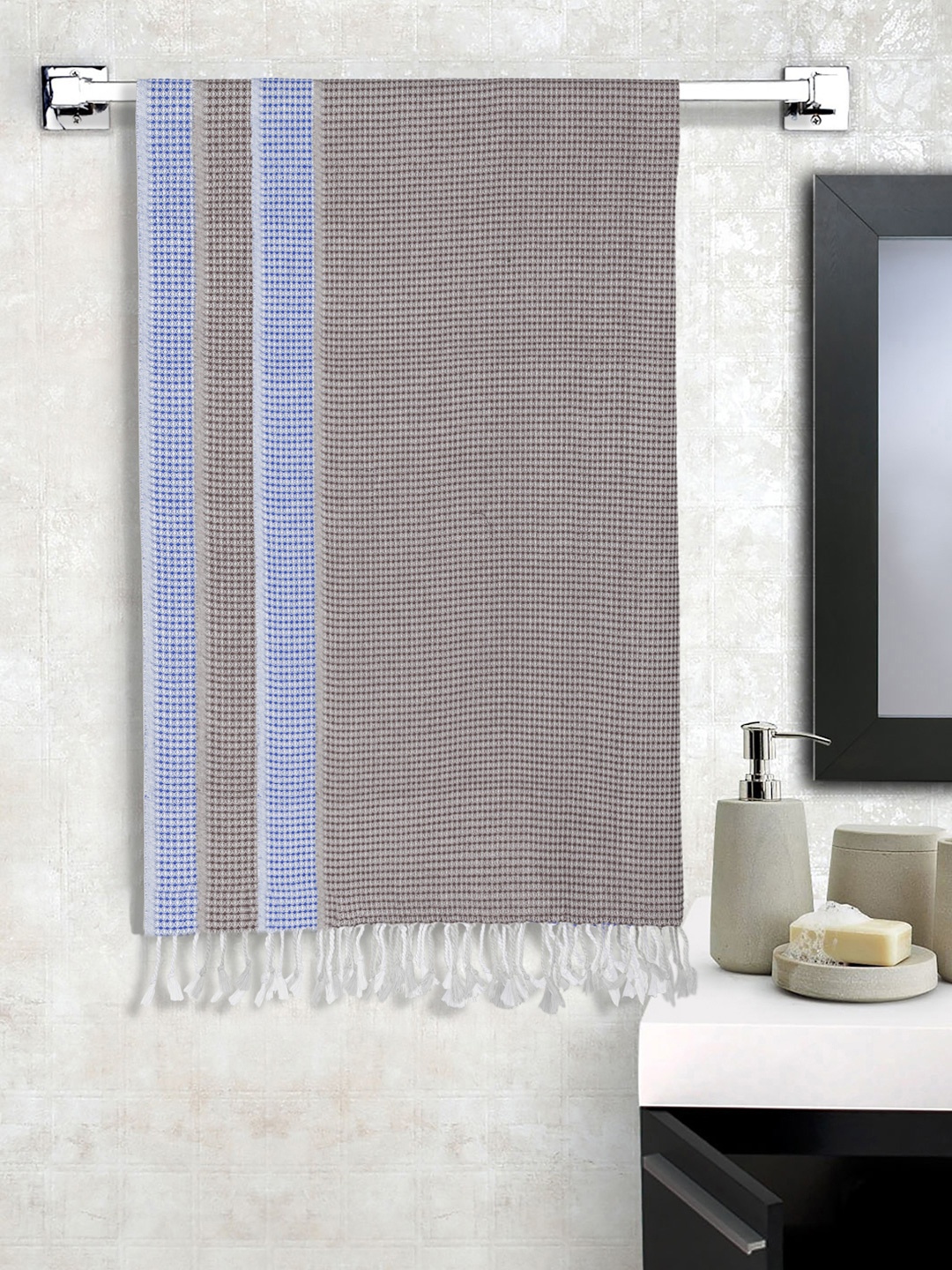 

KLOTTHE Blue & Grey 4 Pieces Checked Pure Cotton Bath Towels