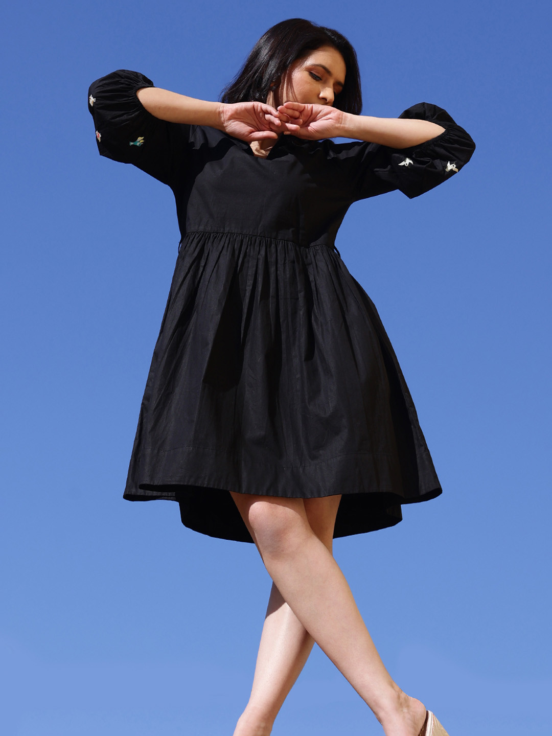 

CUSTARD Bird Embroidered Pure Cotton Fit & Flare Dress, Black