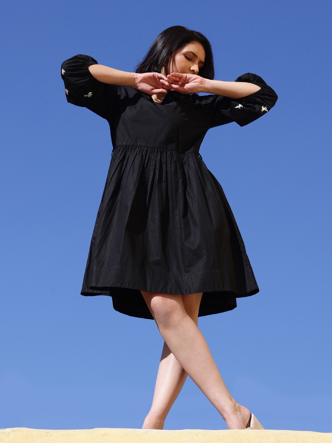 

CUSTARD Women Cotton Puff Sleeve Fit & Flare Dress, Black