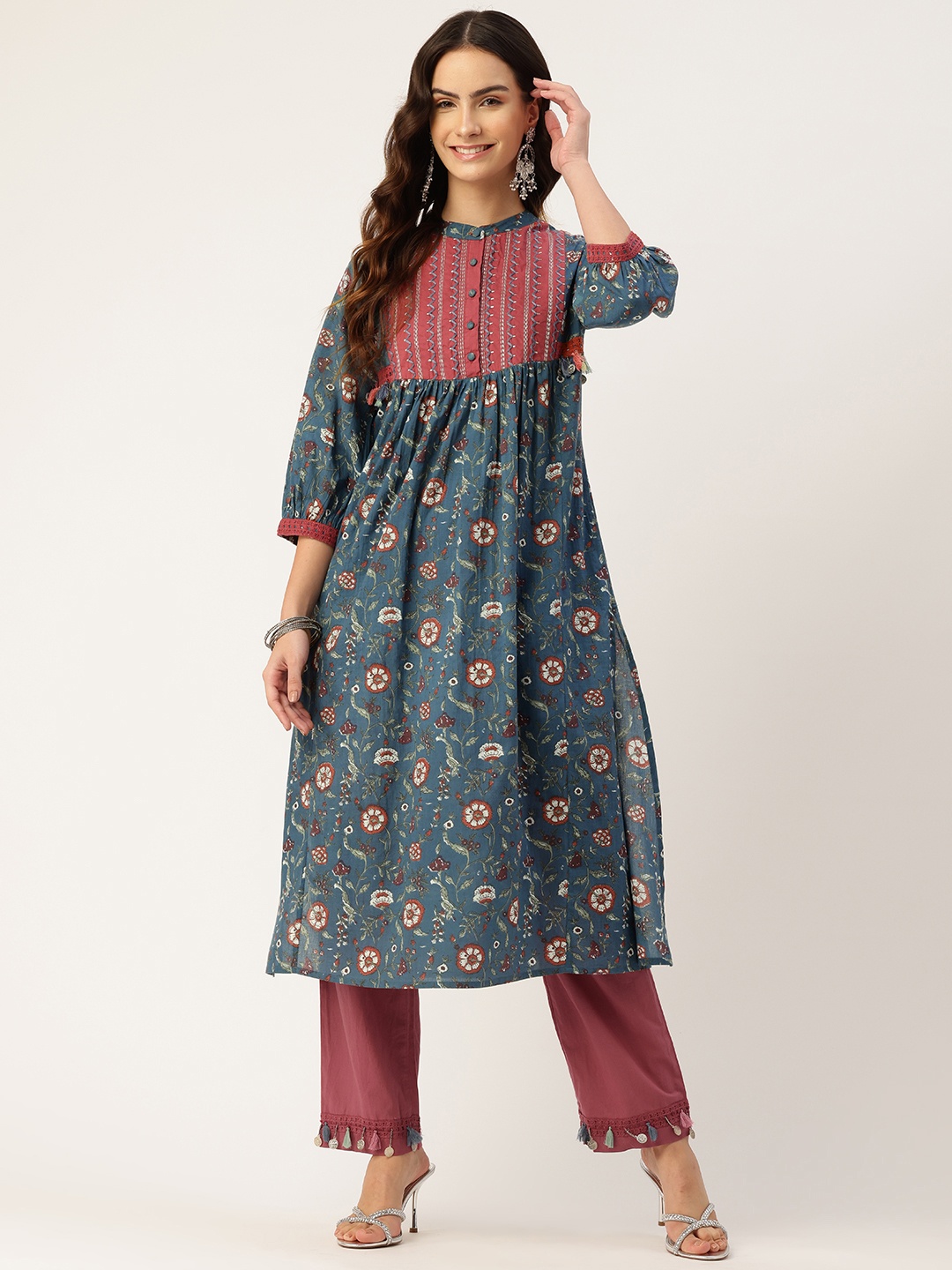 

MISRI Floral Printed Pleated Thread Work Pure Cotton Kurta with Trousers, Blue