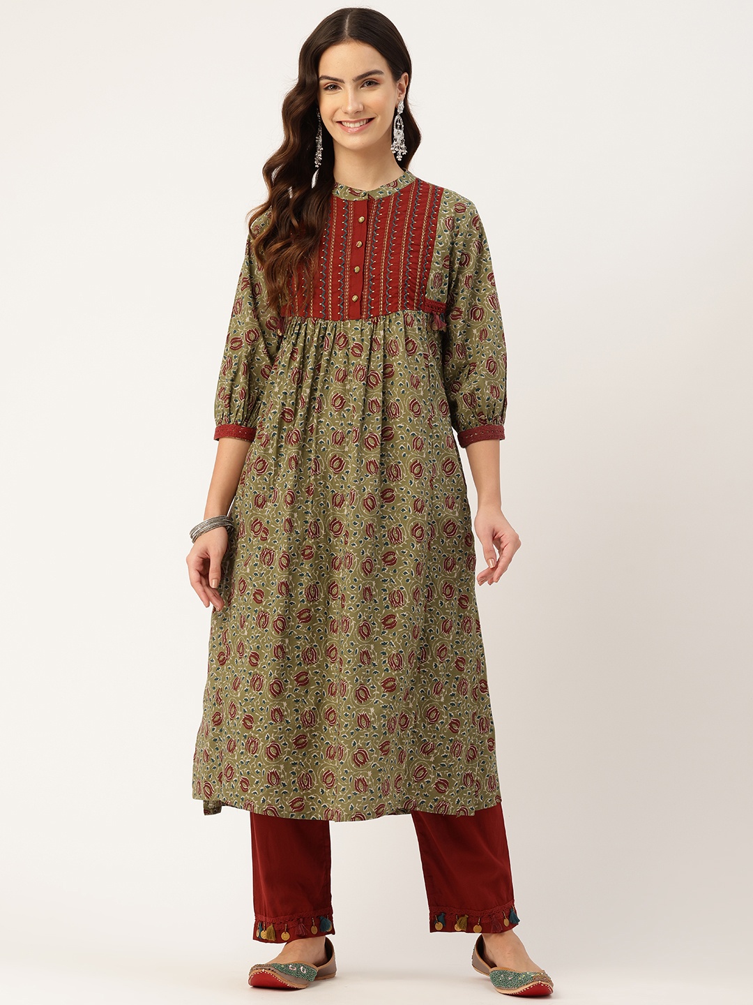 

MISRI Floral Printed Pleated Thread Work Pure Cotton Kurta with Trousers, Green