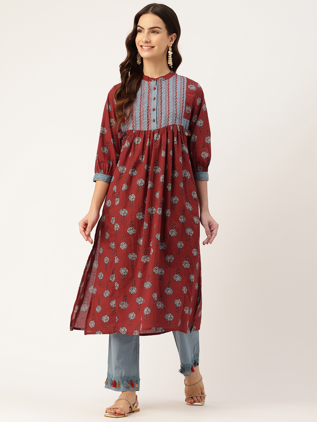 

MISRI Floral Printed Pleated Thread Work Pure Cotton Kurta with Trousers, Red