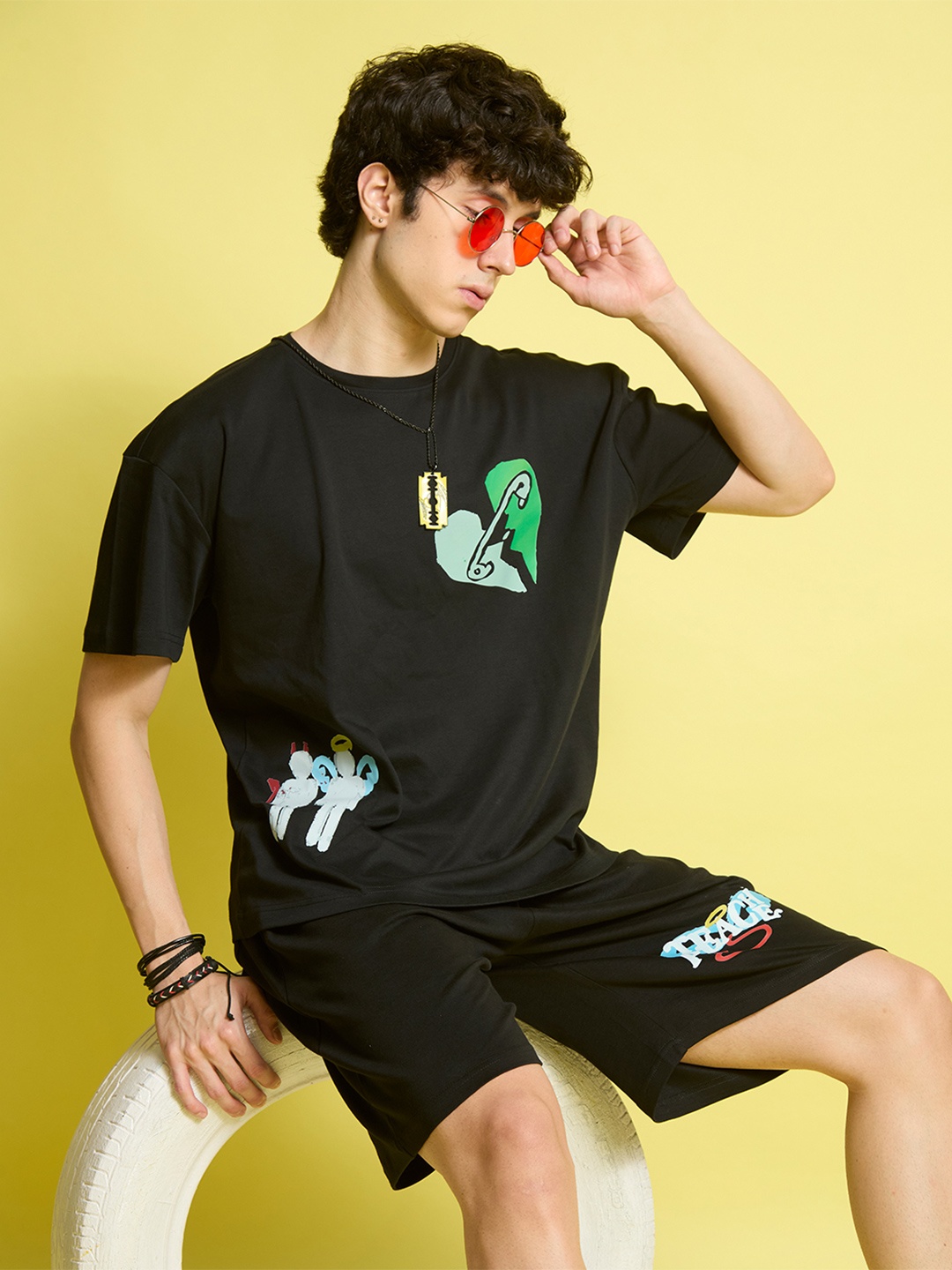 Bene Kleed Printed Round Neck T-Shirt With Shorts Co-Ord Set, Black