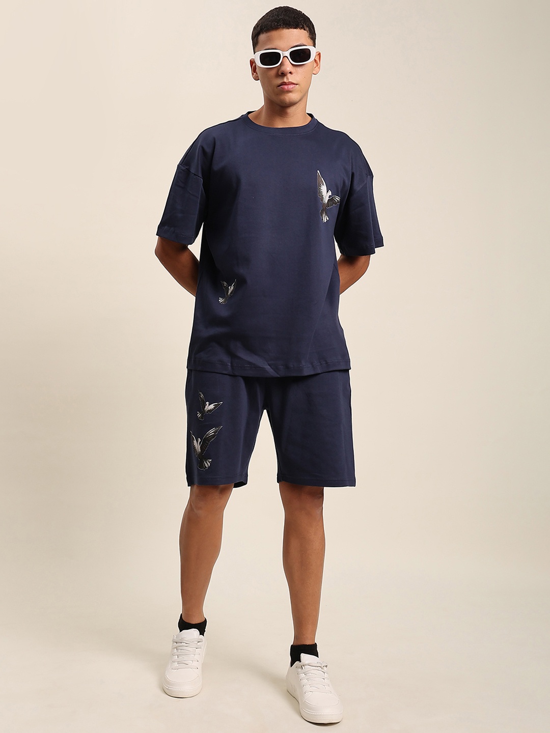 

Bene Kleed Printed Round Neck Pure Cotton T-Shirt With Shorts, Navy blue
