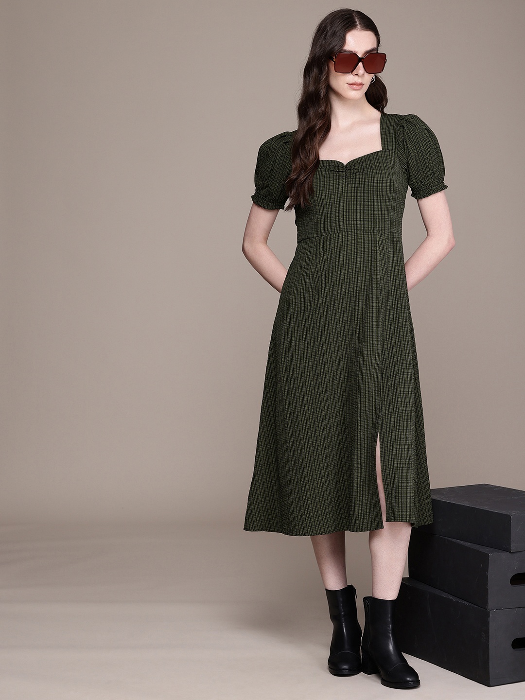 

Roadster Checked Puff Sleeve Crepe A-Line Midi Dress, Green