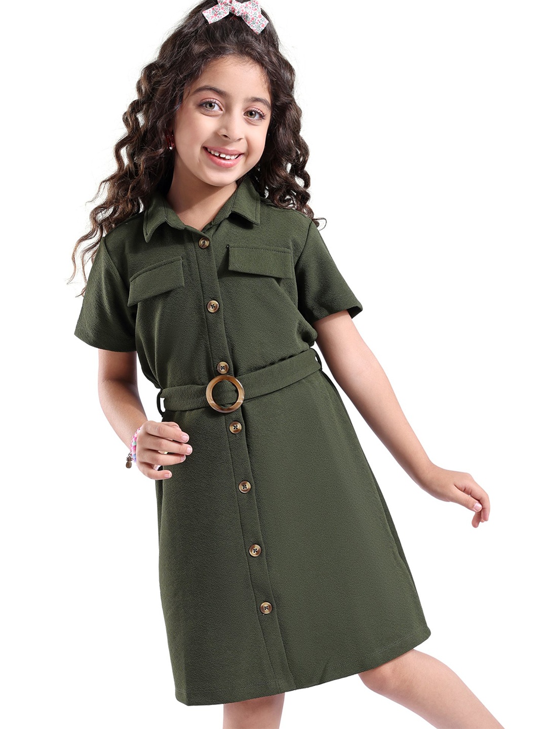 

Hola Bonita Girls Belted Shirt Dress, Olive