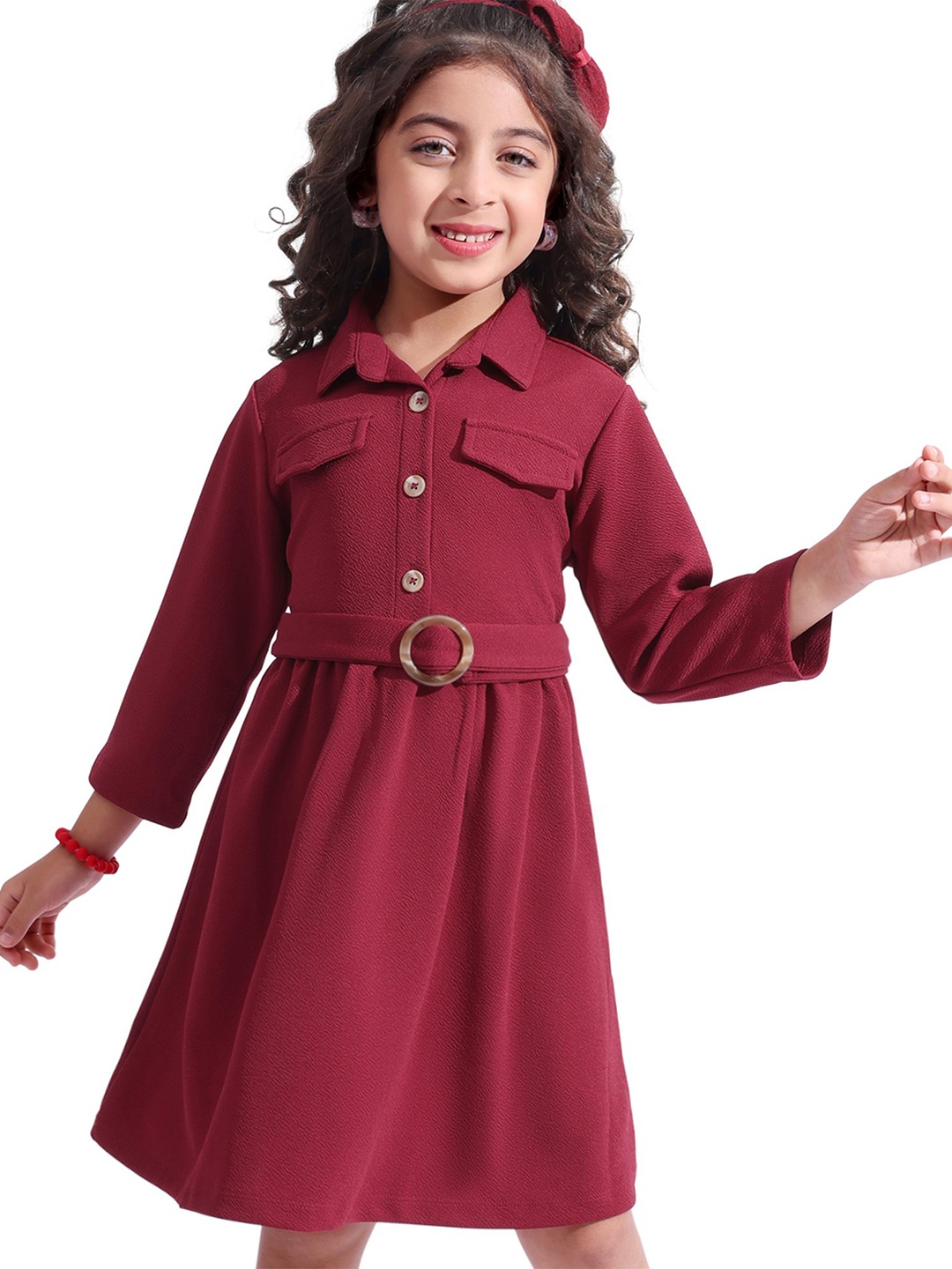 

Hola Bonita Girls Shirt Collar Three-Quarter Sleeves Fit & Flare Dress, Red