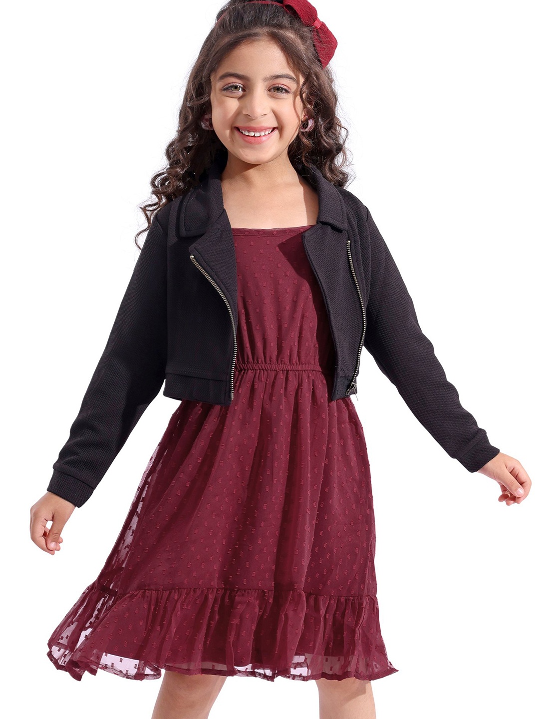 

Hola Bonita Girls Solid Embroidered Fit and Flare Dress With Full Sleeves Textured Jacket, Red