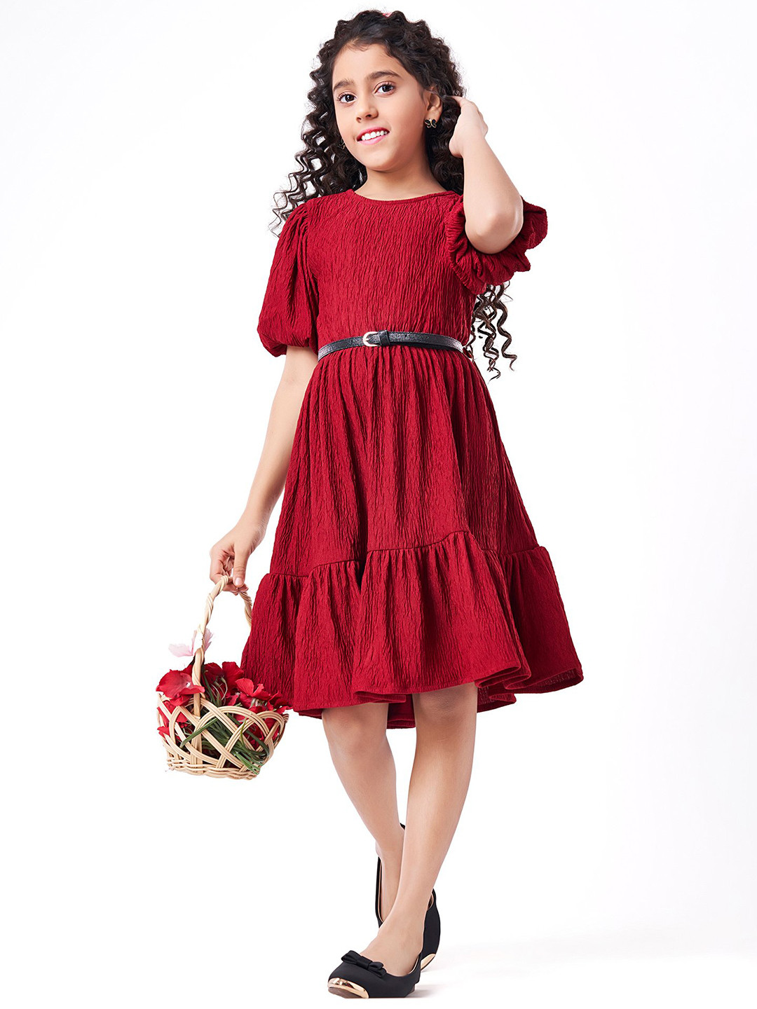 

Hola Bonita Girls Solid Puff Sleeves A-Line Dress, Red