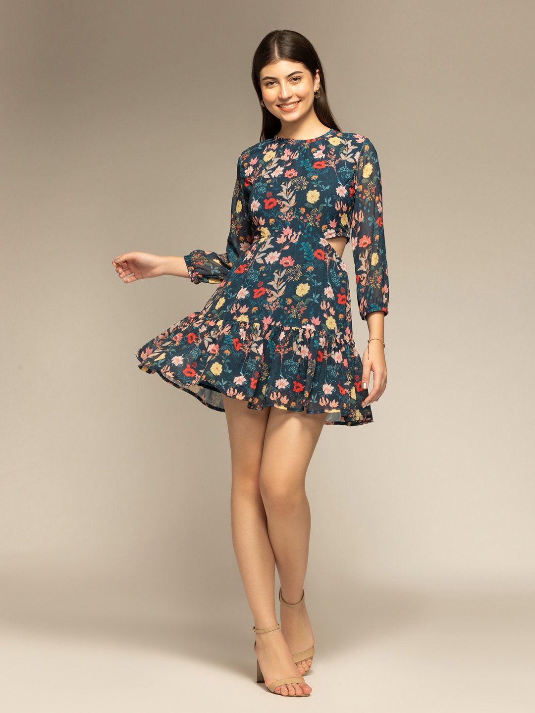 

OCTICS Floral Print Georgette Fit & Flare Mini Dress, Blue