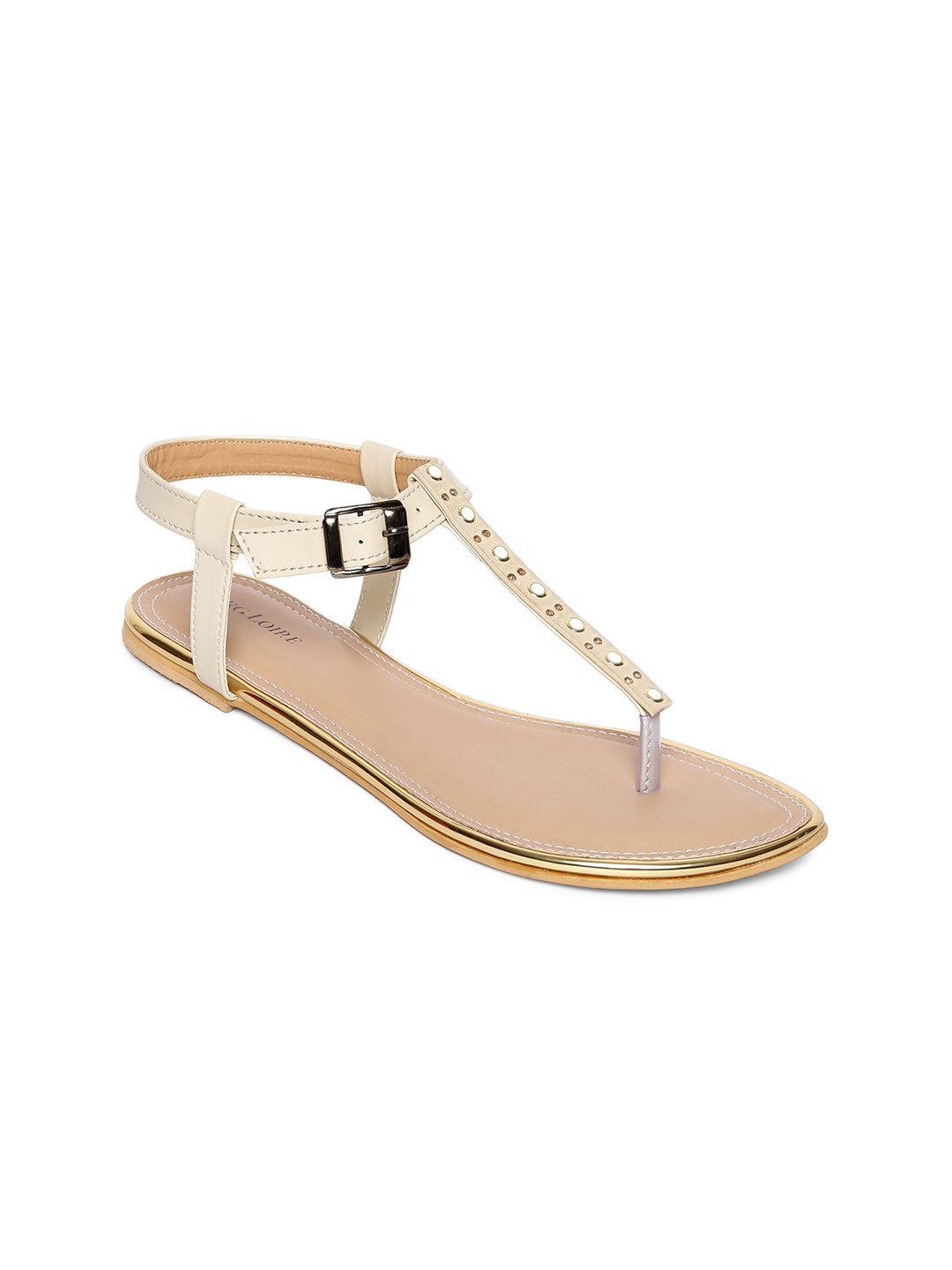 

Marc Loire Women Cream-Coloured Solid Synthetic T-Strap Flats