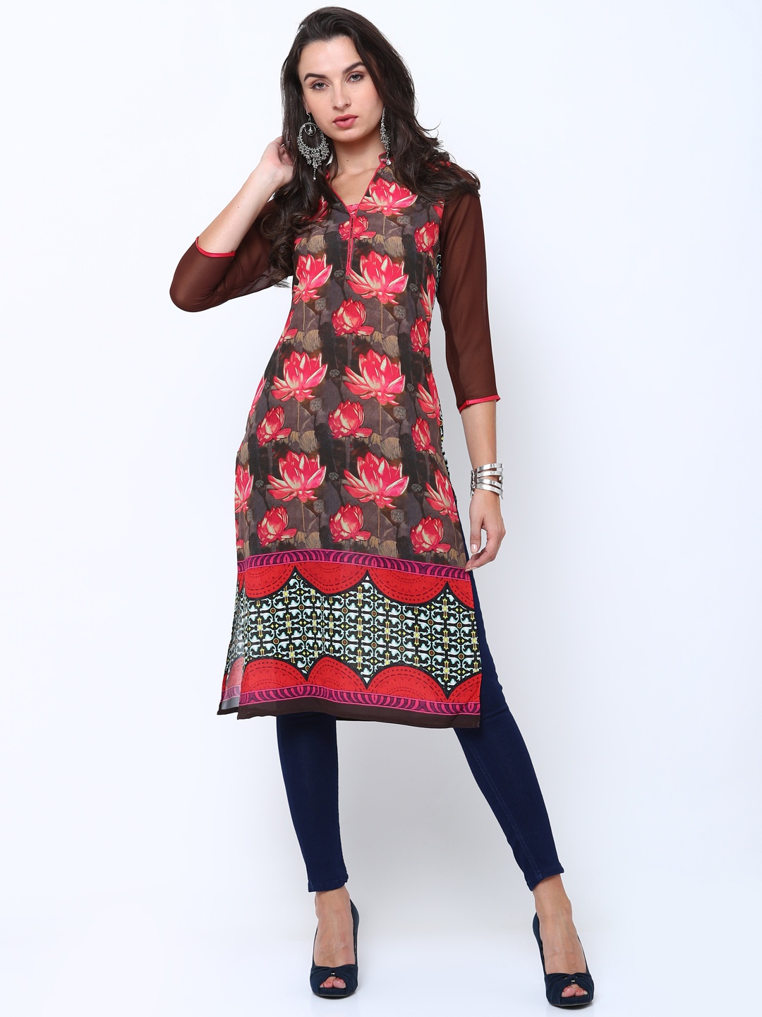 

Vishudh Women Brown & Pink Printed Straight Kurta