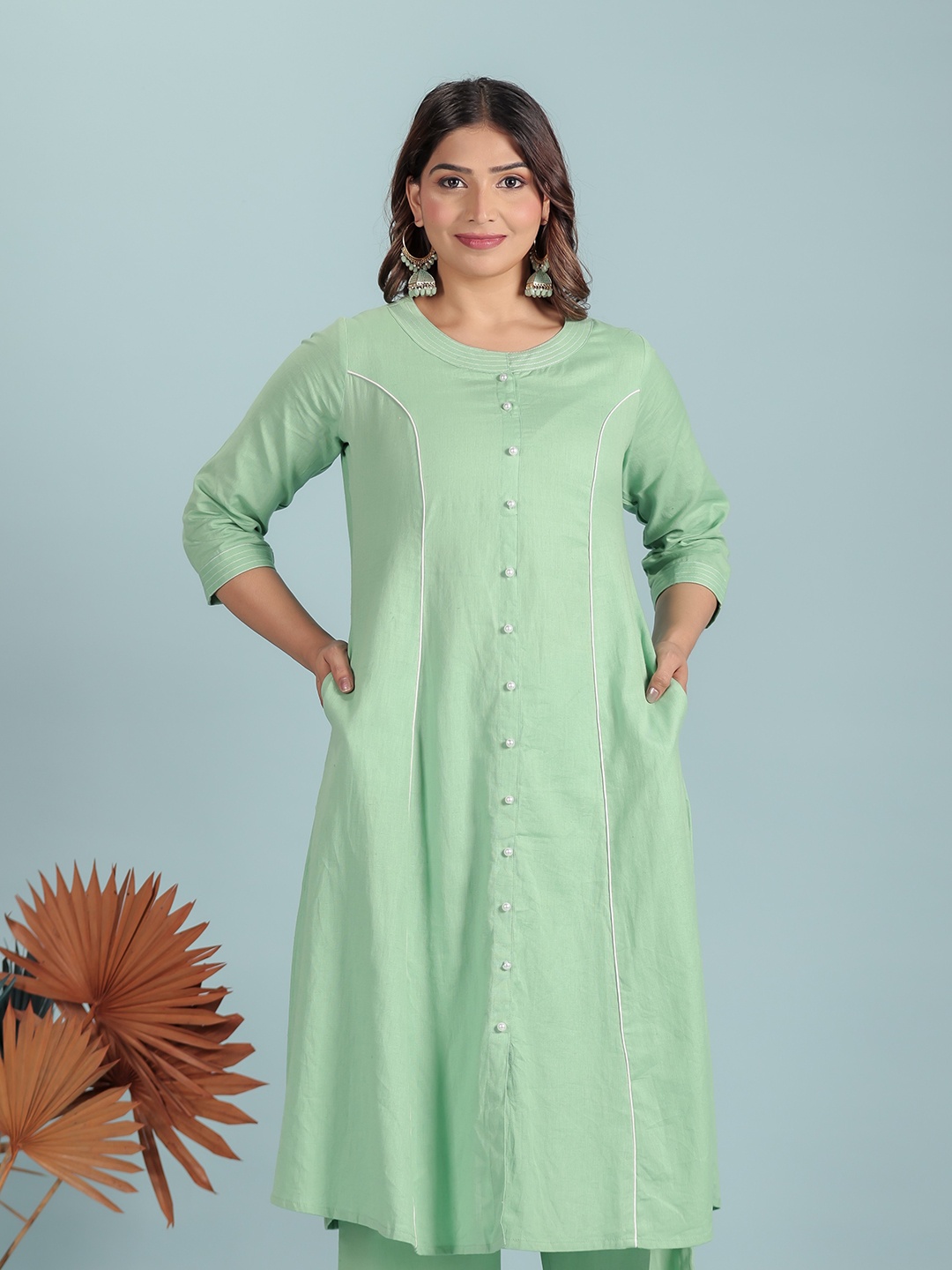 

Aramya Round Neck Linen Cotton A-line Kurta, Green