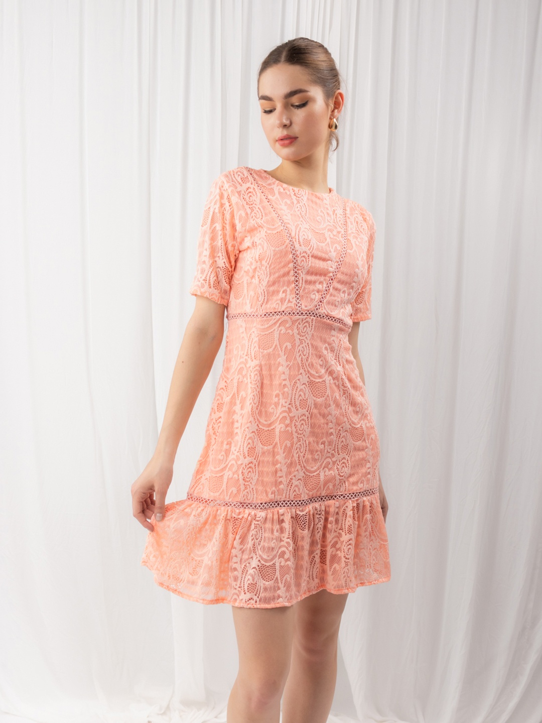 

Stylecast X Hersheinbox Floral Flared Sleeve Lace Sheath Dress, Peach