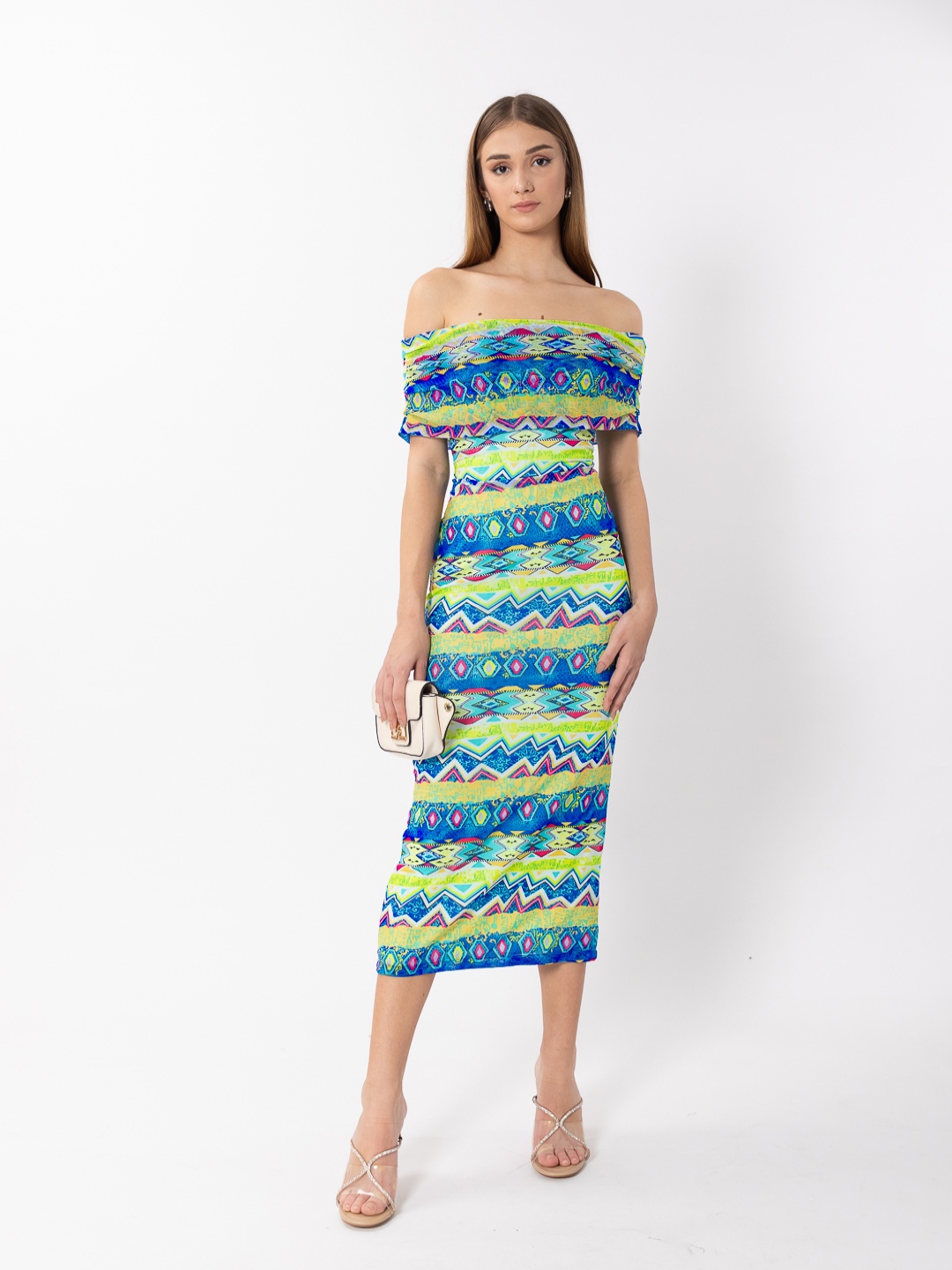 

Stylecast X Hersheinbox Abstract Print Off-Shoulder Sheath Midi Dress, Green