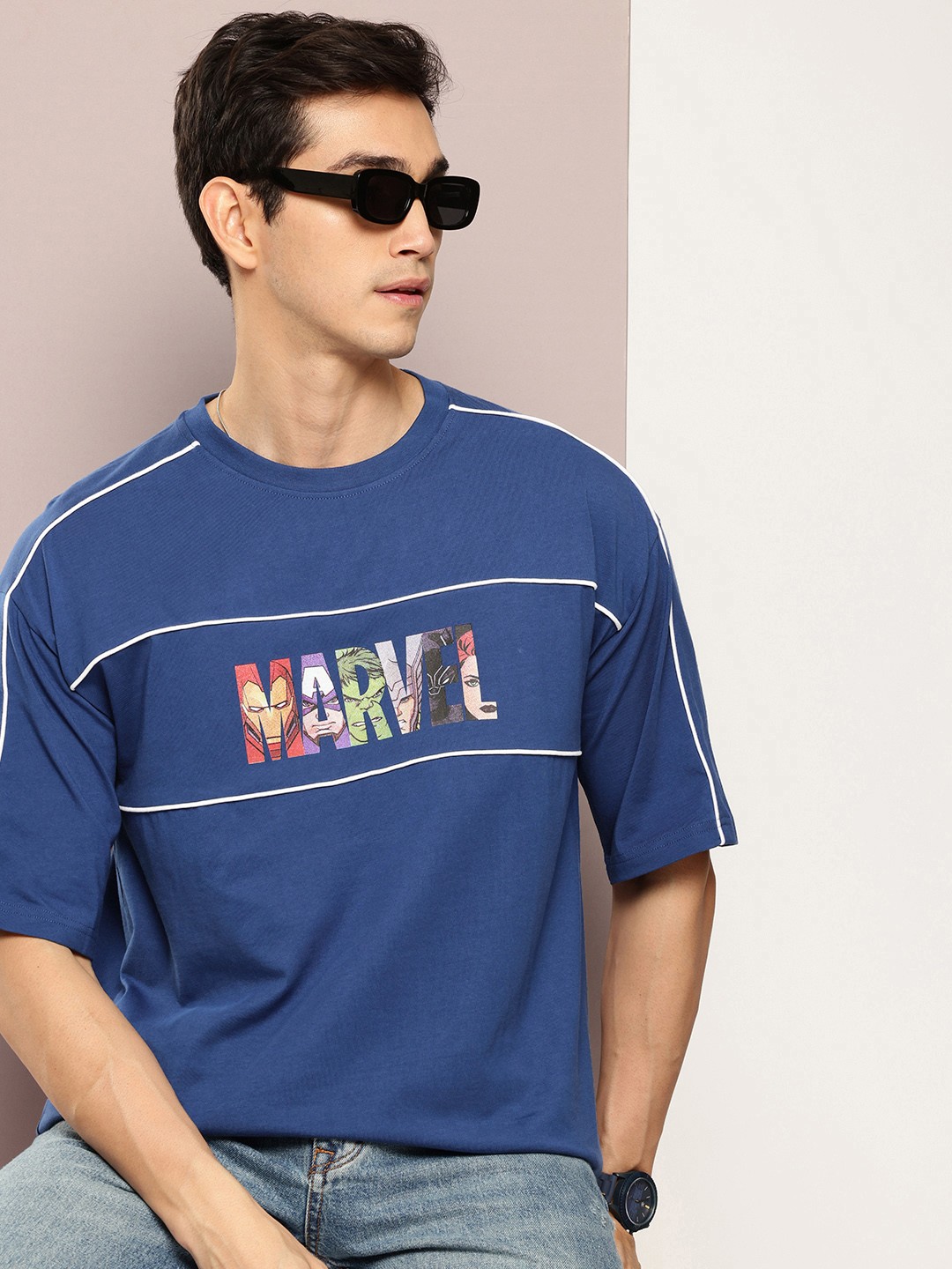 

Kook N Keech Marvel Printed Drop-Shoulder Sleeves Oversized Pure Cotton T-shirt, Blue