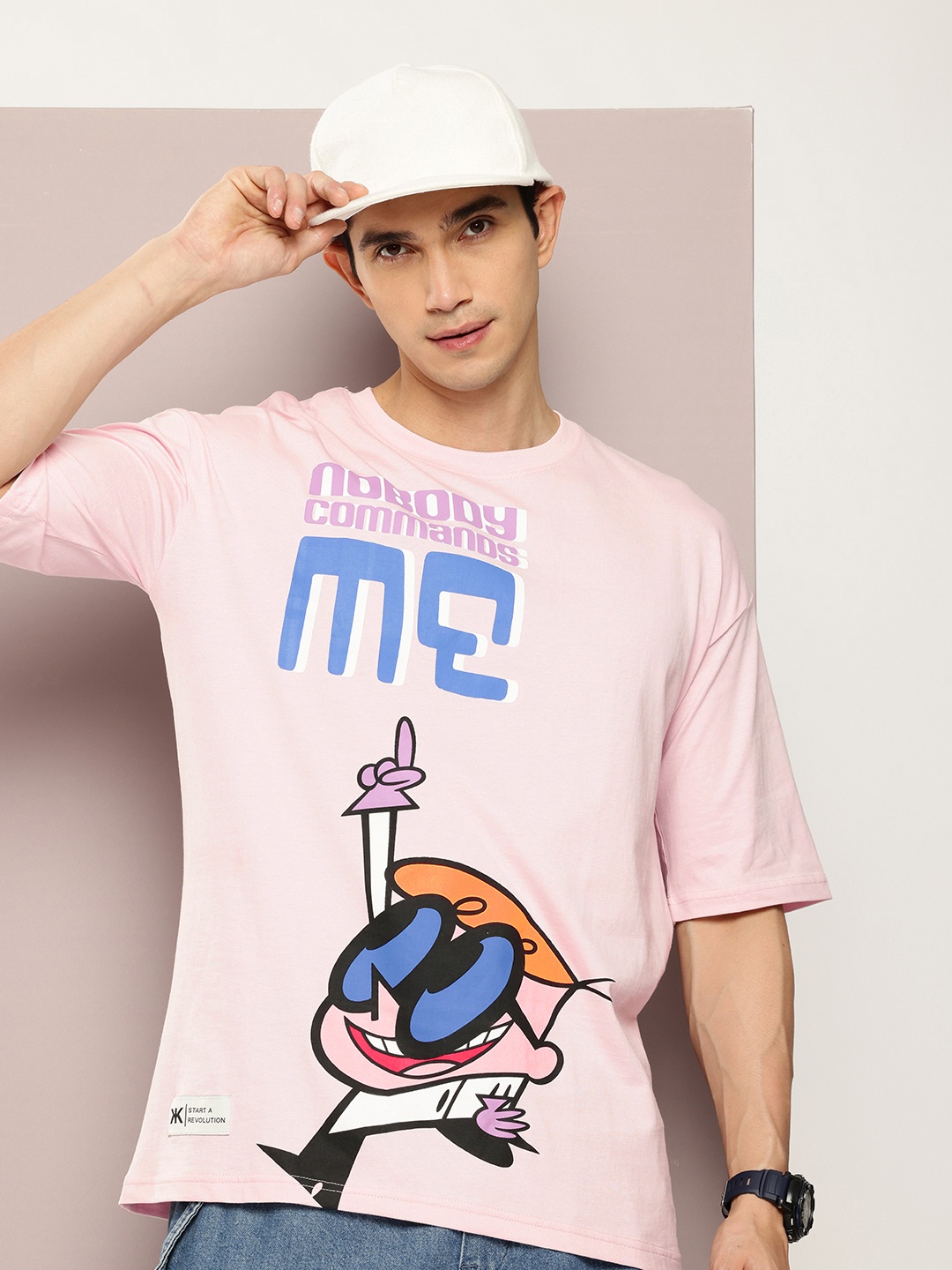

Dexter by Kook N Keech Printed Drop-Shoulder Sleeves Pure Cotton Oversized T-shirt, Pink