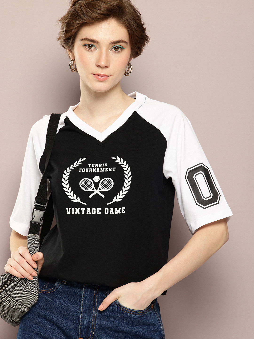 

Kook N Keech Typography Printed V-Neck Pure Cotton Oversized T-shirt, Black