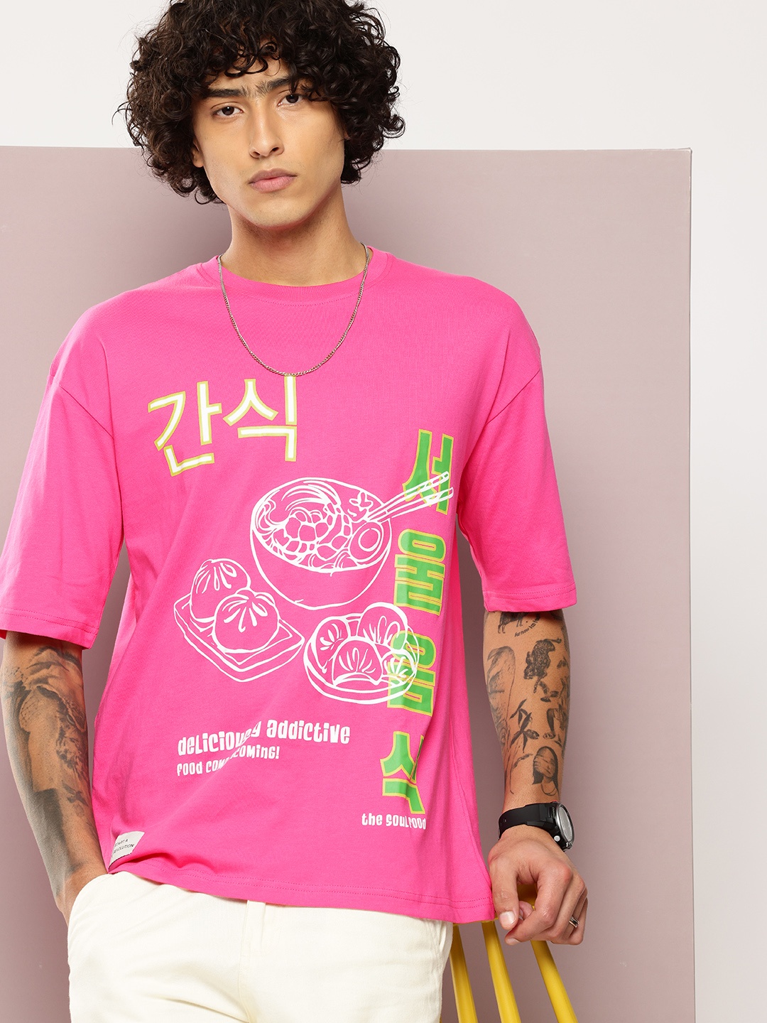 

Kook N Keech Printed Drop-Shoulder Sleeves Oversized Pure Cotton T-shirt, Pink