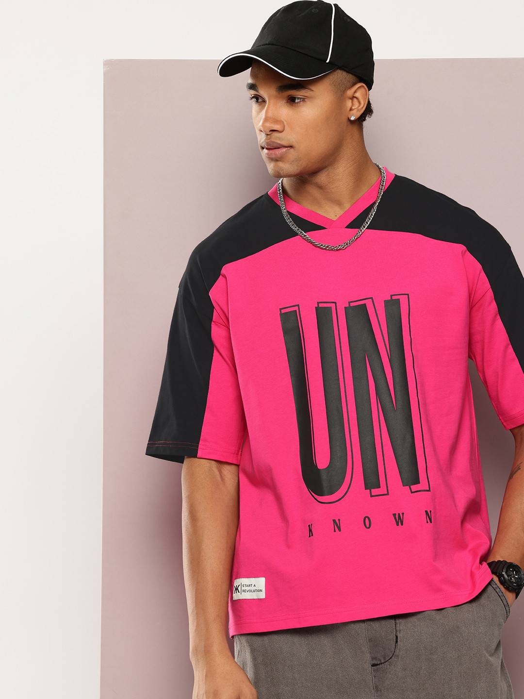 

Kook N Keech Pure Cotton Colourblocked Printed V-Neck Oversized T-shirt, Pink
