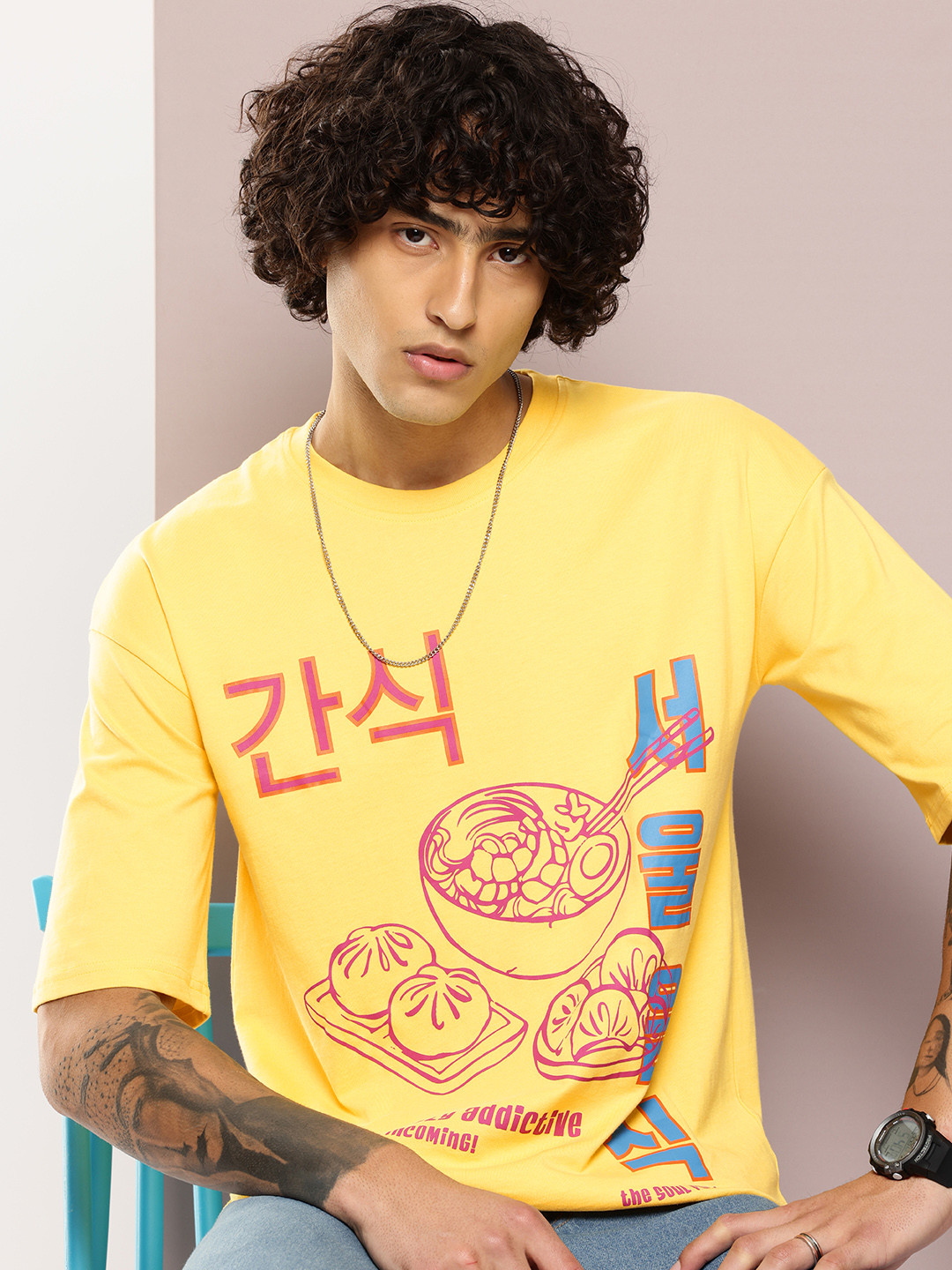 

Kook N Keech Printed Drop-Shoulder Sleeves Oversized Pure Cotton T-shirt, Yellow