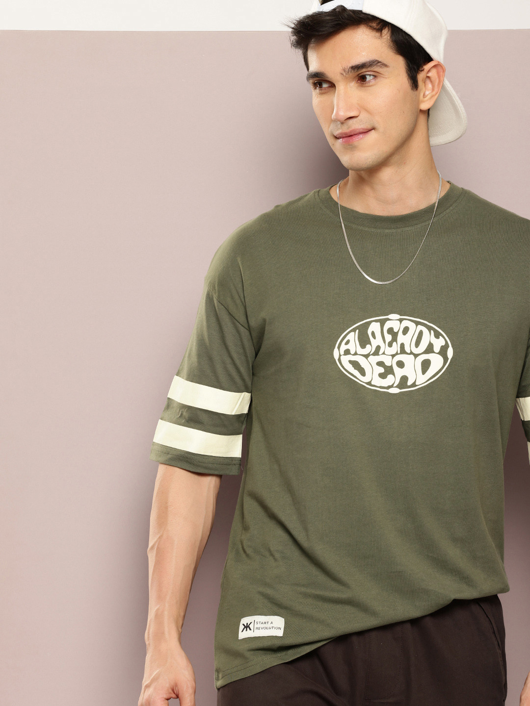 

Kook N Keech Typography Printed Drop-Shoulder Sleeves Pure Cotton Oversized T-shirt, Olive