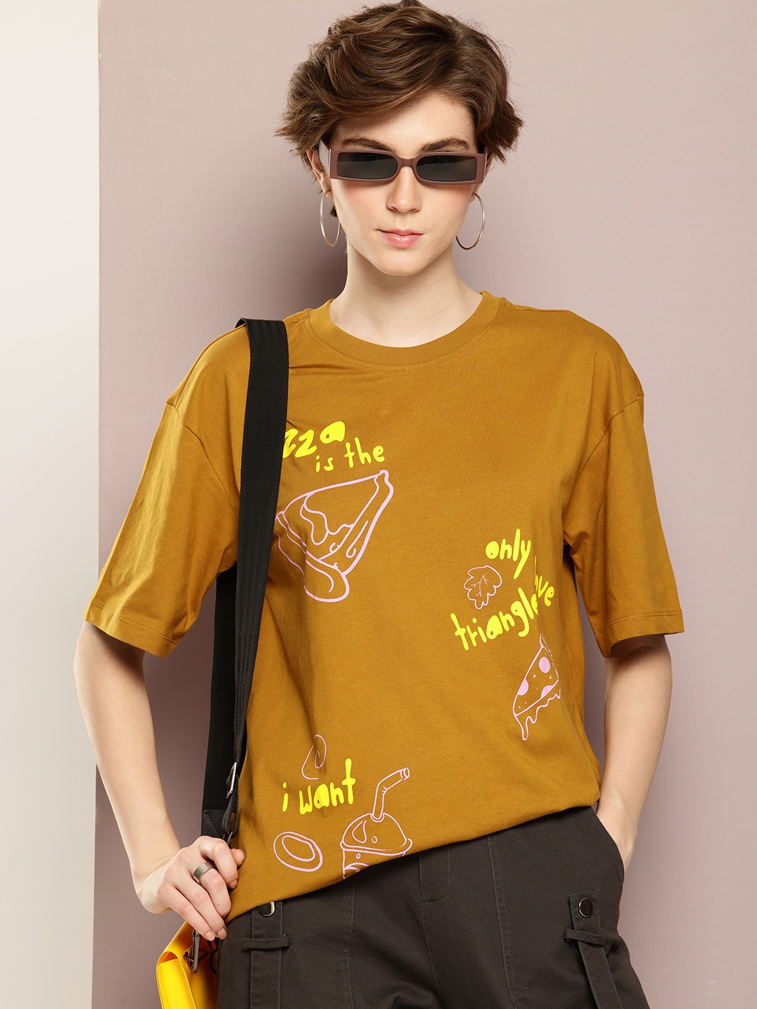 

Kook N Keech Printed Drop-Shoulder Sleeves Pure Cotton Oversized T-shirt, Mustard