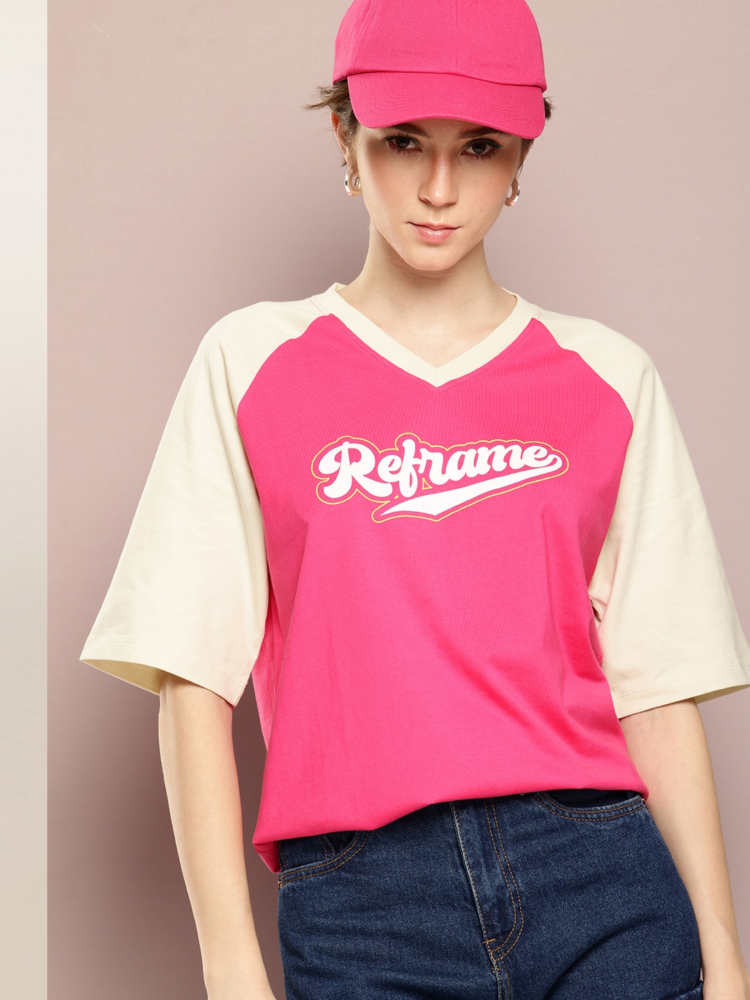 

Kook N Keech Printed Colourblocked Raglan Sleeve Pure Cotton Oversized T-shirt, Pink