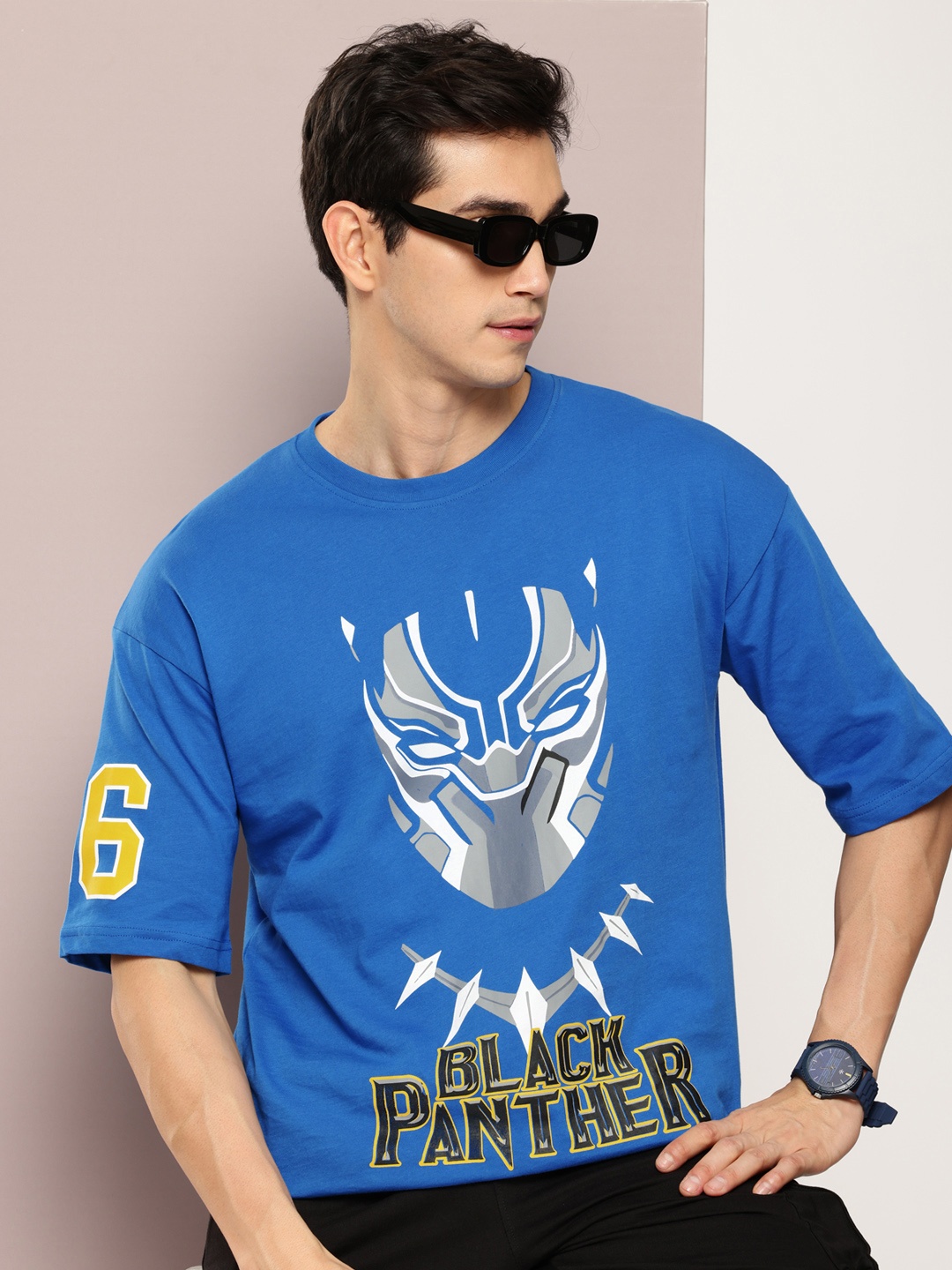 

Kook N Keech Pure Cotton Black Panther Printed Drop-Shoulder Sleeves Oversized T-shirt, Blue