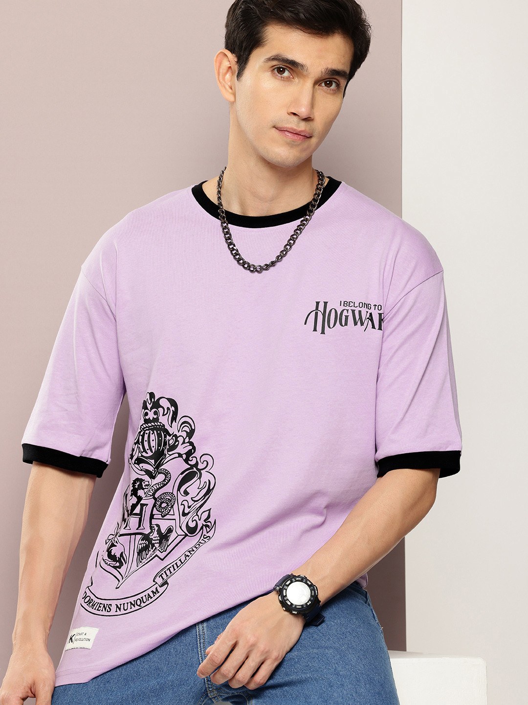 

Kook N Keech Harry Potter Printed Drop-Shoulder Sleeves Pure Cotton Oversized T-shirt, Lavender