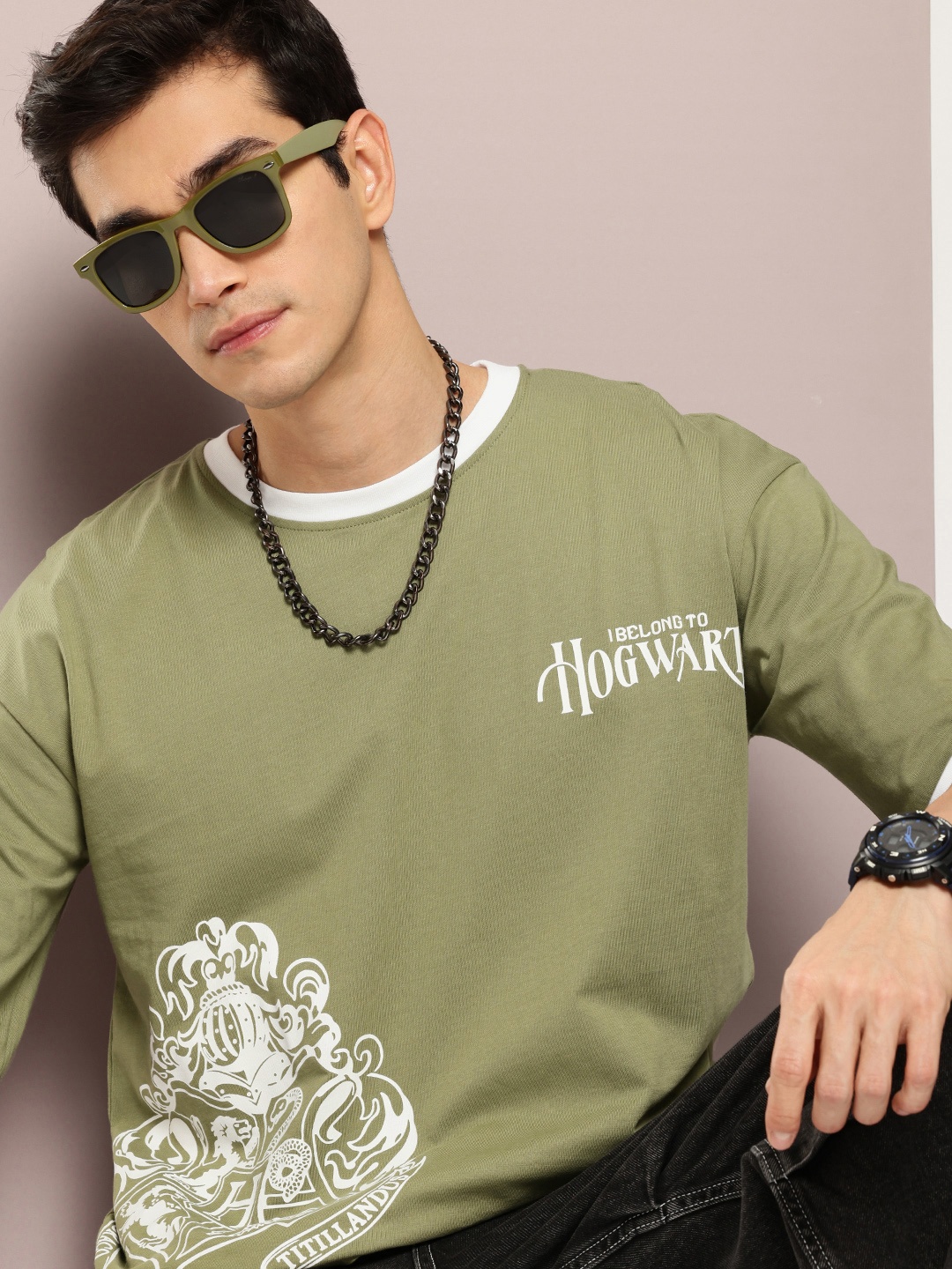 

Kook N Keech Harry Potter Printed Drop-Shoulder Sleeves Pure Cotton Oversized T-shirt, Olive