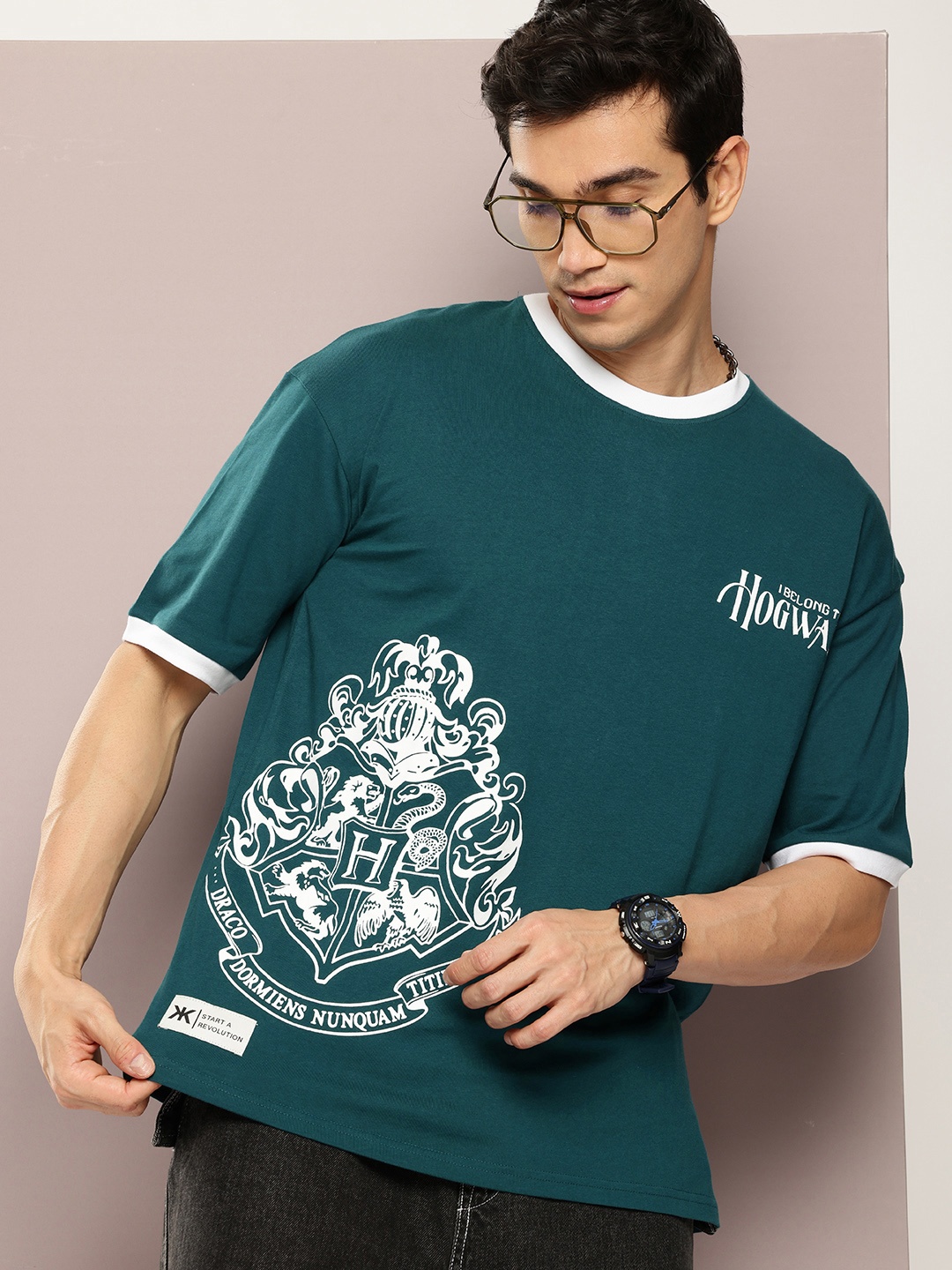 

Kook N Keech Harry Potter Printed Drop-Shoulder Sleeves Pure Cotton Oversized T-shirt, Teal