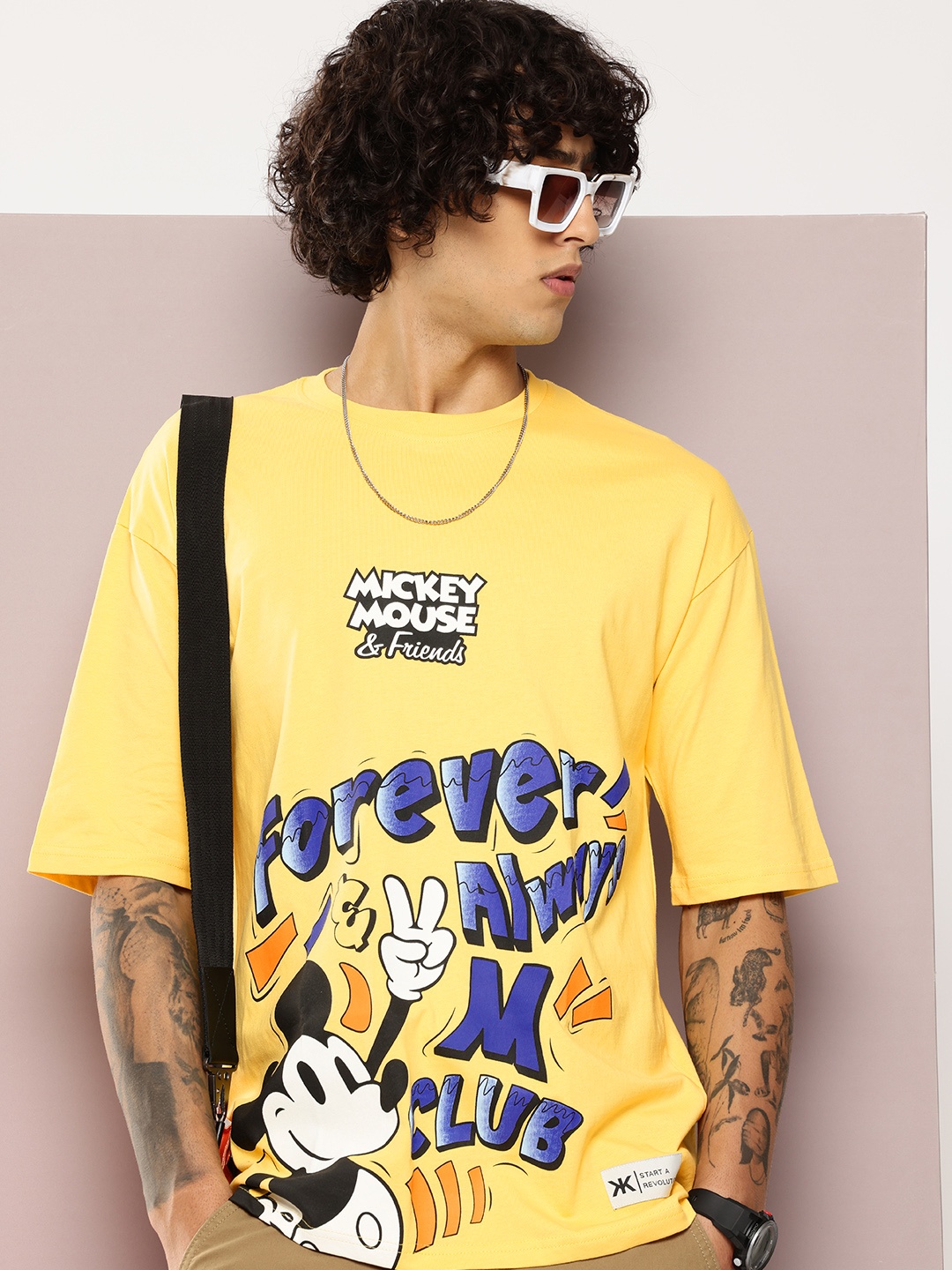 

Kook N Keech Mickey Mouse Printed Drop-Shoulder Sleeves Oversized Pure Cotton T-shirt, Yellow