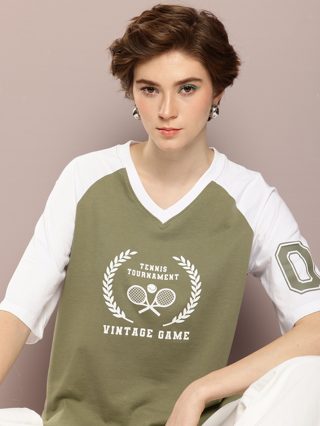 

Kook N Keech Typography Printed V-Neck Pure Cotton Oversized T-shirt, Olive
