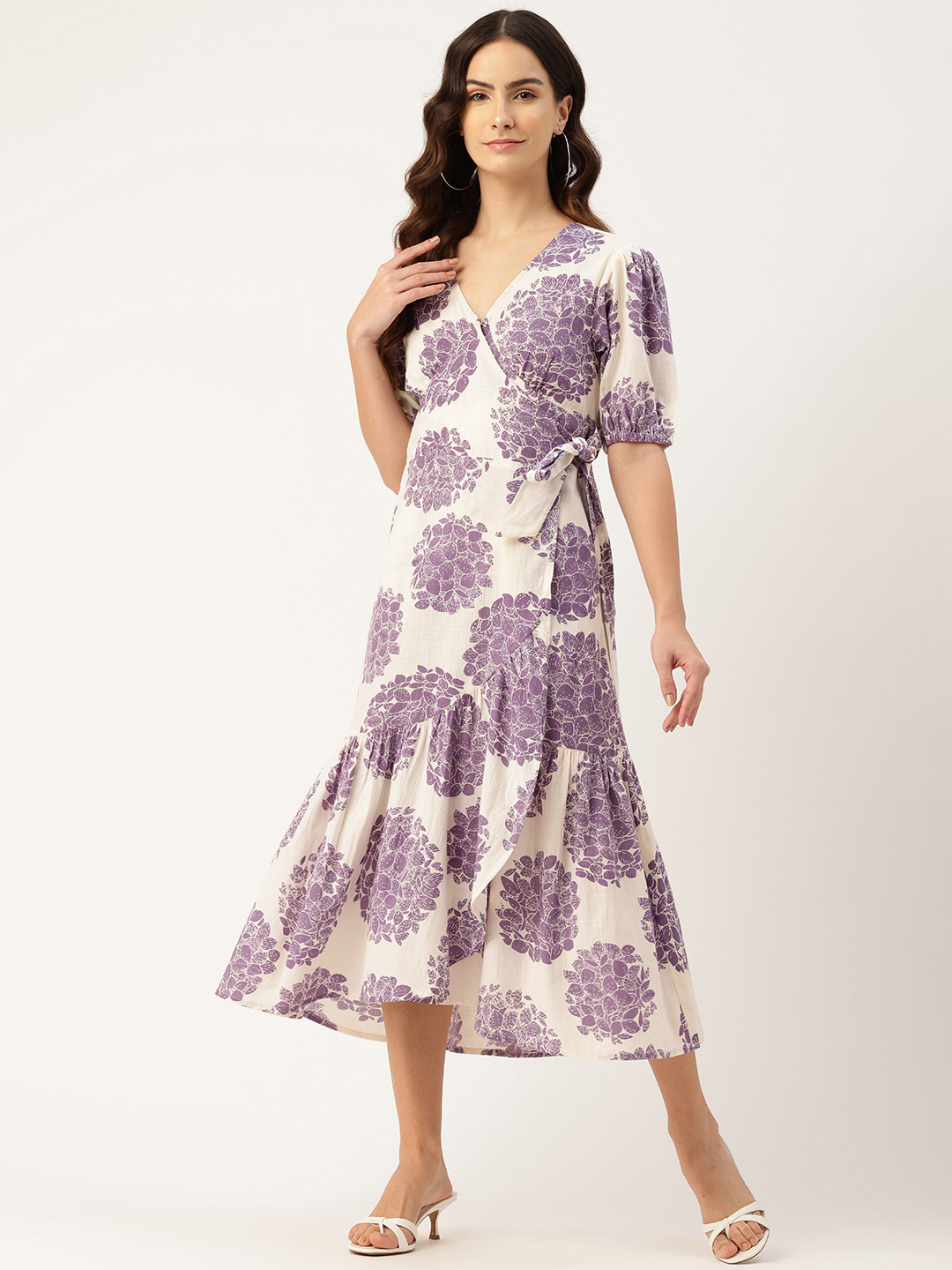 

MISRI Floral Print Puff Sleeves Wrap Midi Dress, Purple
