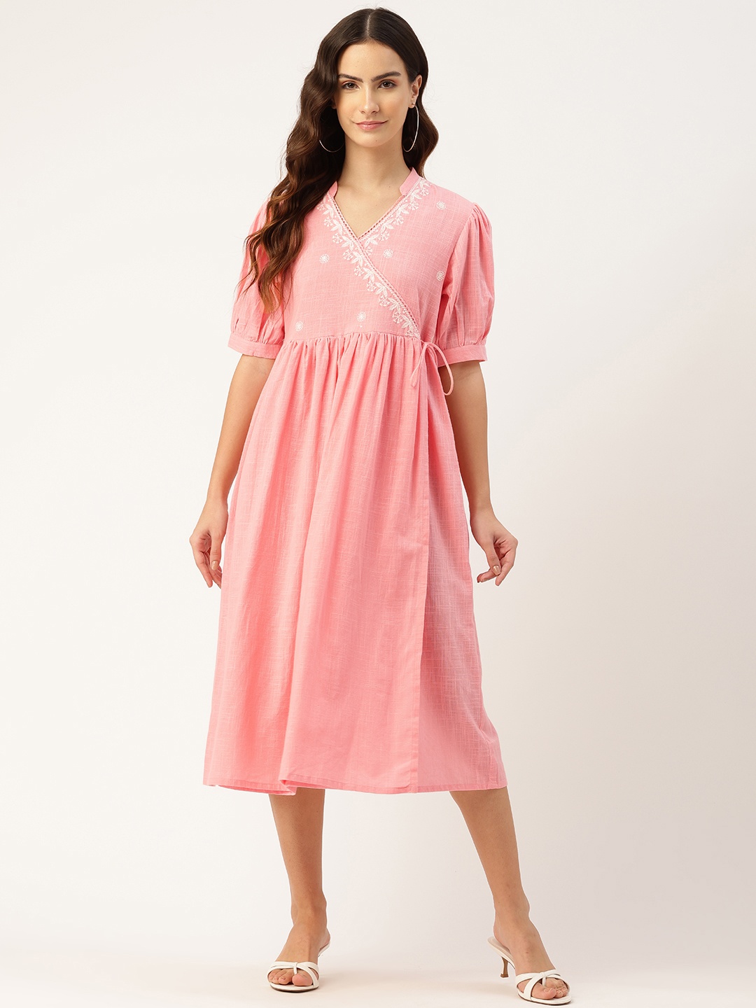 

MISRI Floral Embroidered Puff Sleeves Wrap Dress, Pink