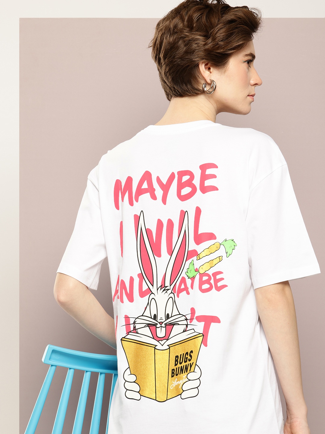 

Kook N Keech Looney Tunes Bugs Bunny Printed Pure Cotton Oversized Longline T-shirt, White