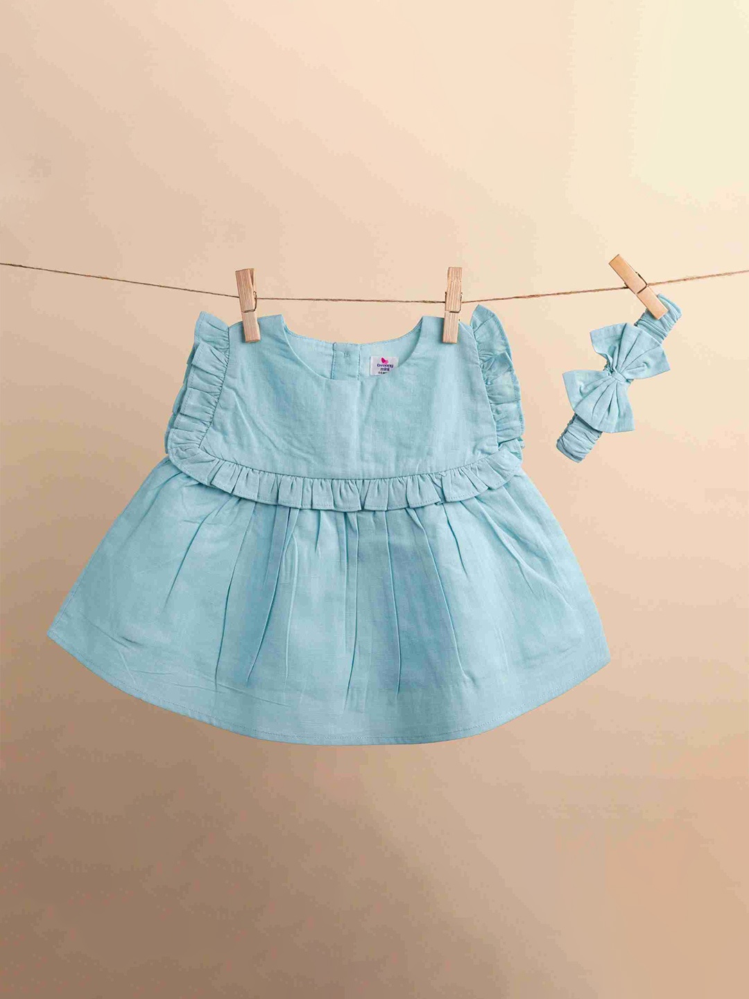 

TWEENY MINI Infant Girls Pure Cotton Summer Dress with Headband, Sea green