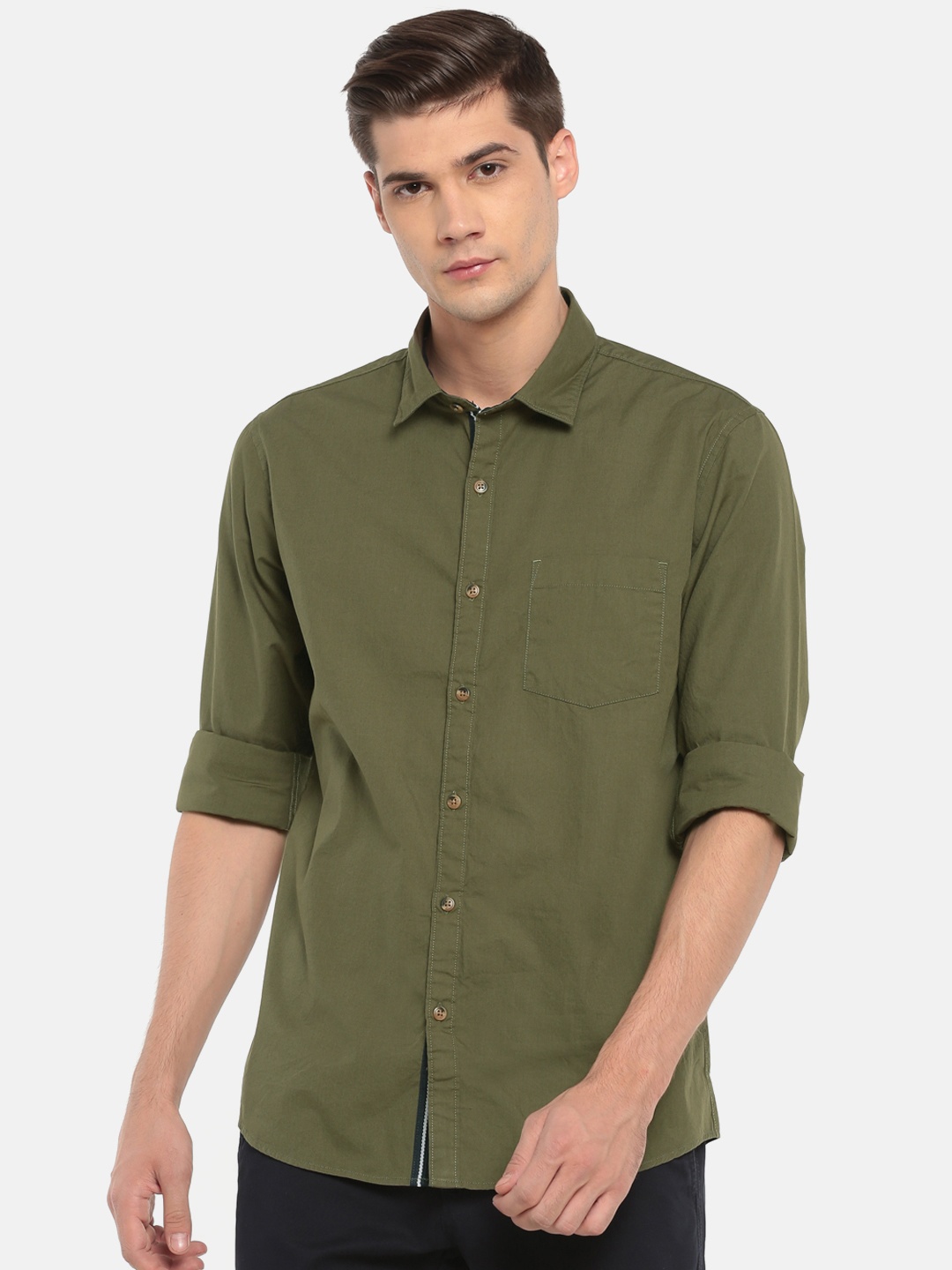 

Ruggers Men Olive Green Contemporary Fit Solid Casual Shirt